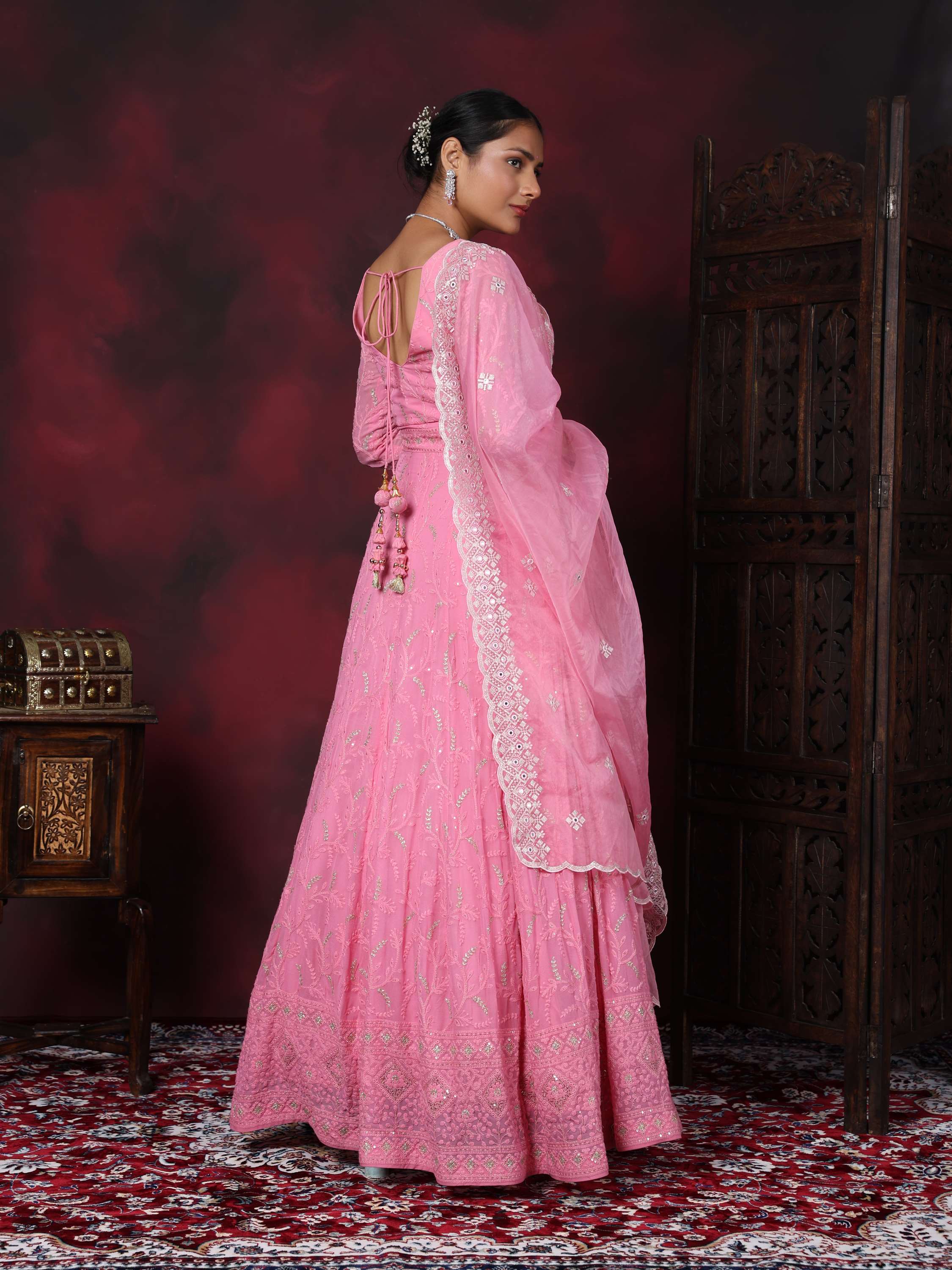 Light Pink Embroidered Zardozi Work Chikan Anarkali Suit