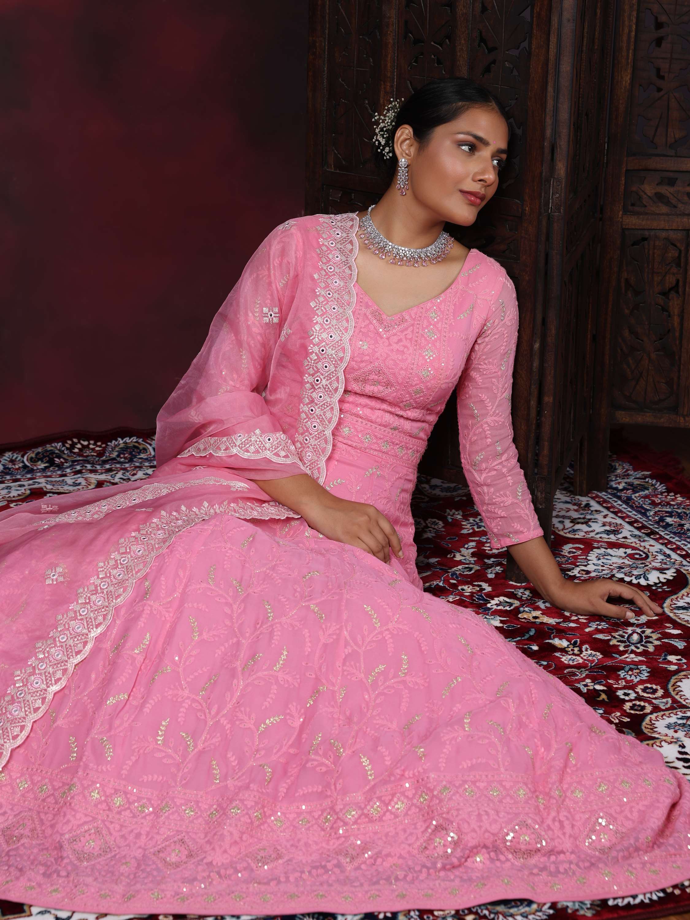 Light Pink Embroidered Zardozi Work Chikan Anarkali Suit