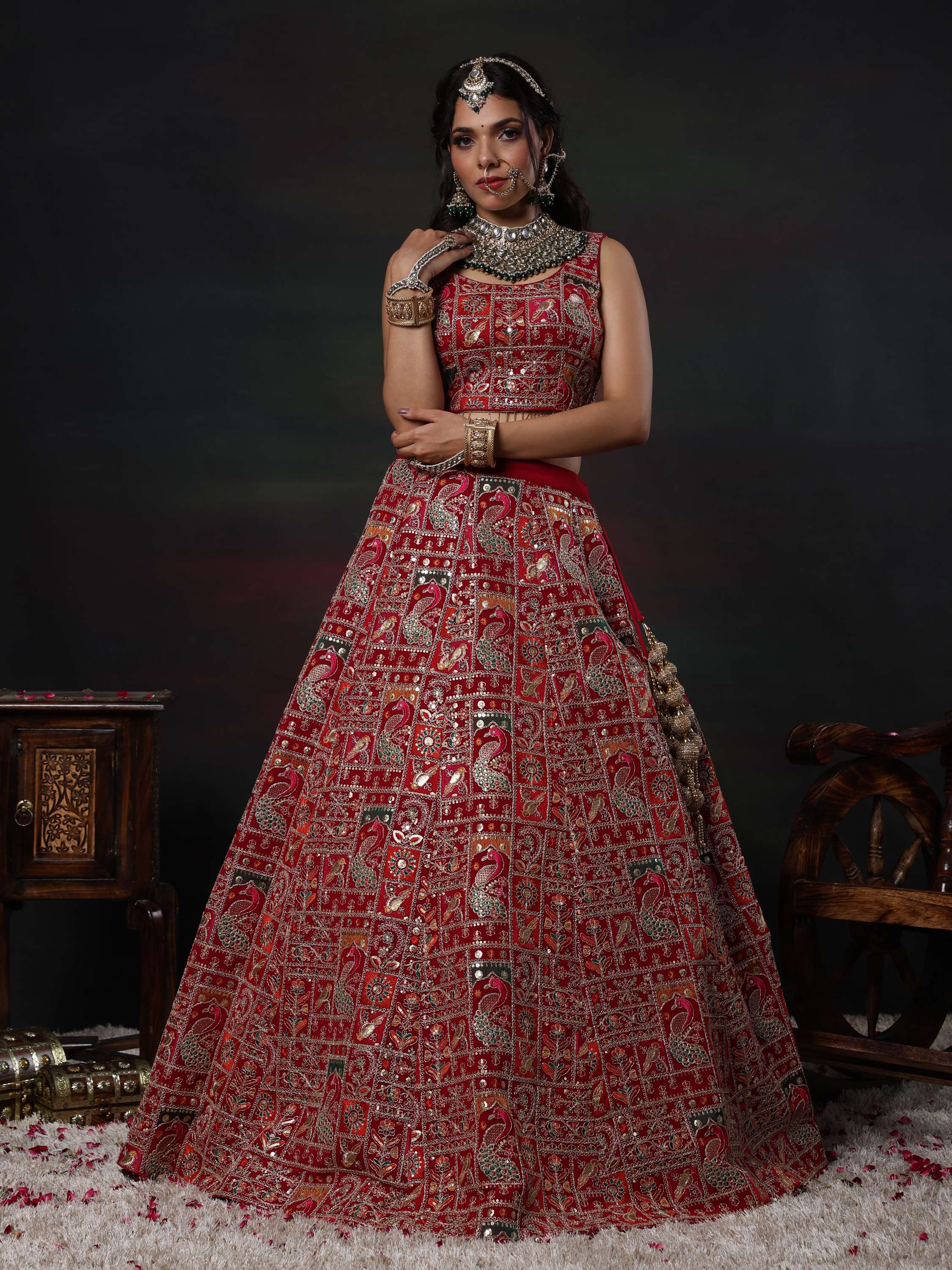Riya Nagpal Red & Green Zardozi Embroidered Lehenga Set