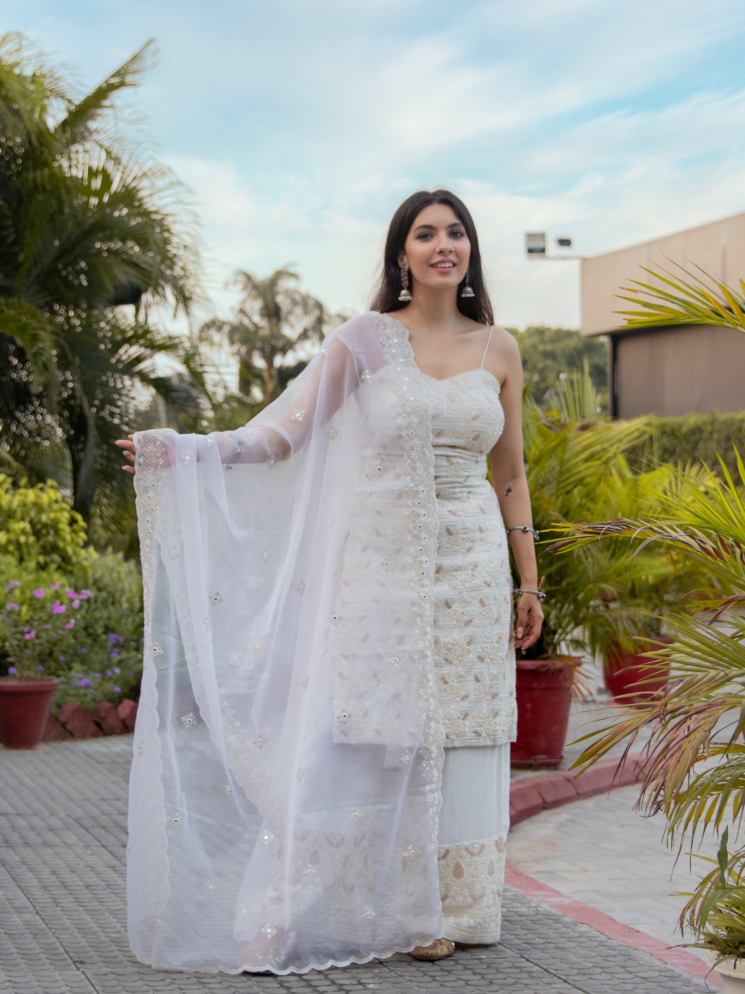 Niki Mehra's georgette chikankari sequin zardozi work embellished White set of 3