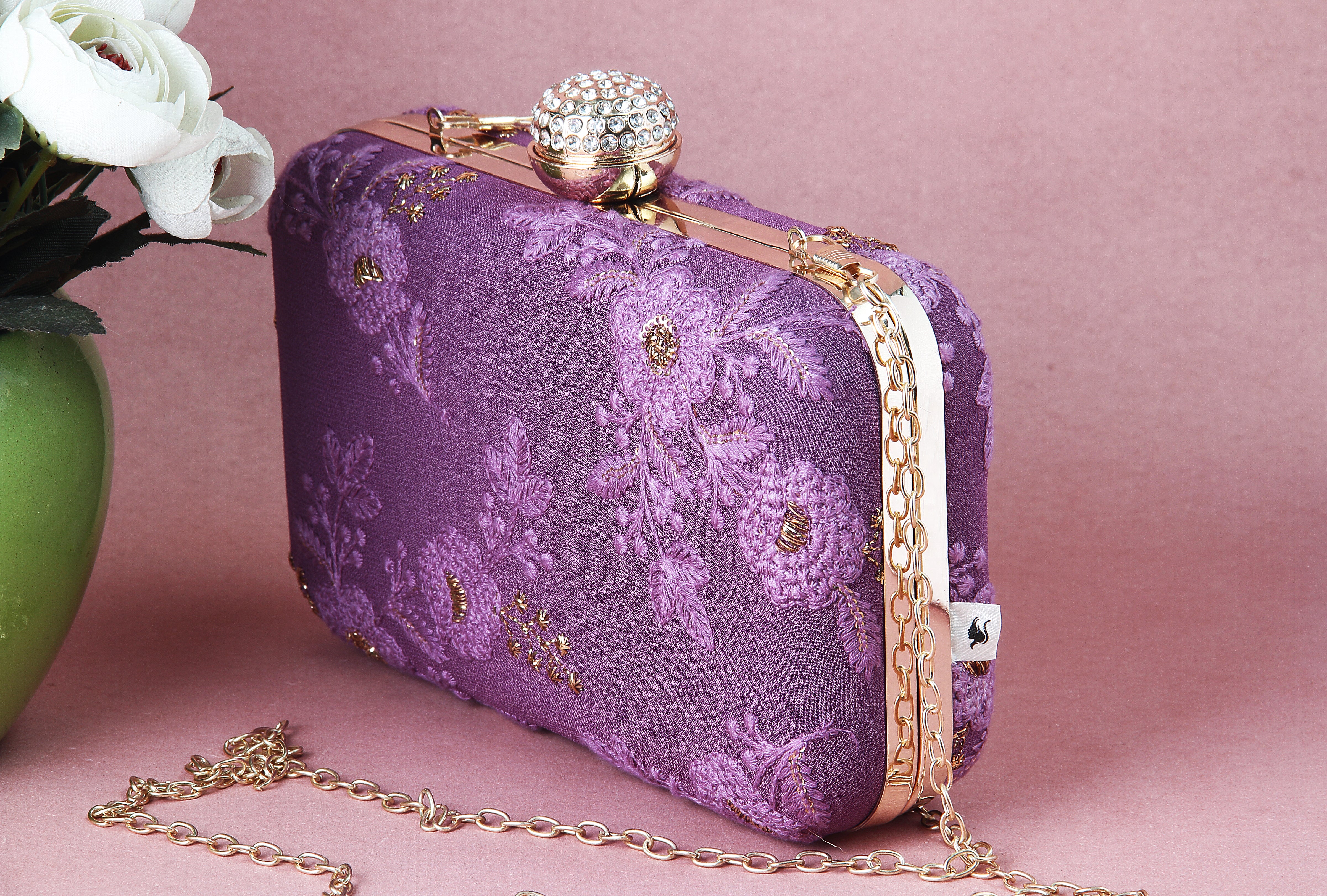 Saadgi embroidered designer lavender clutch bag with sling