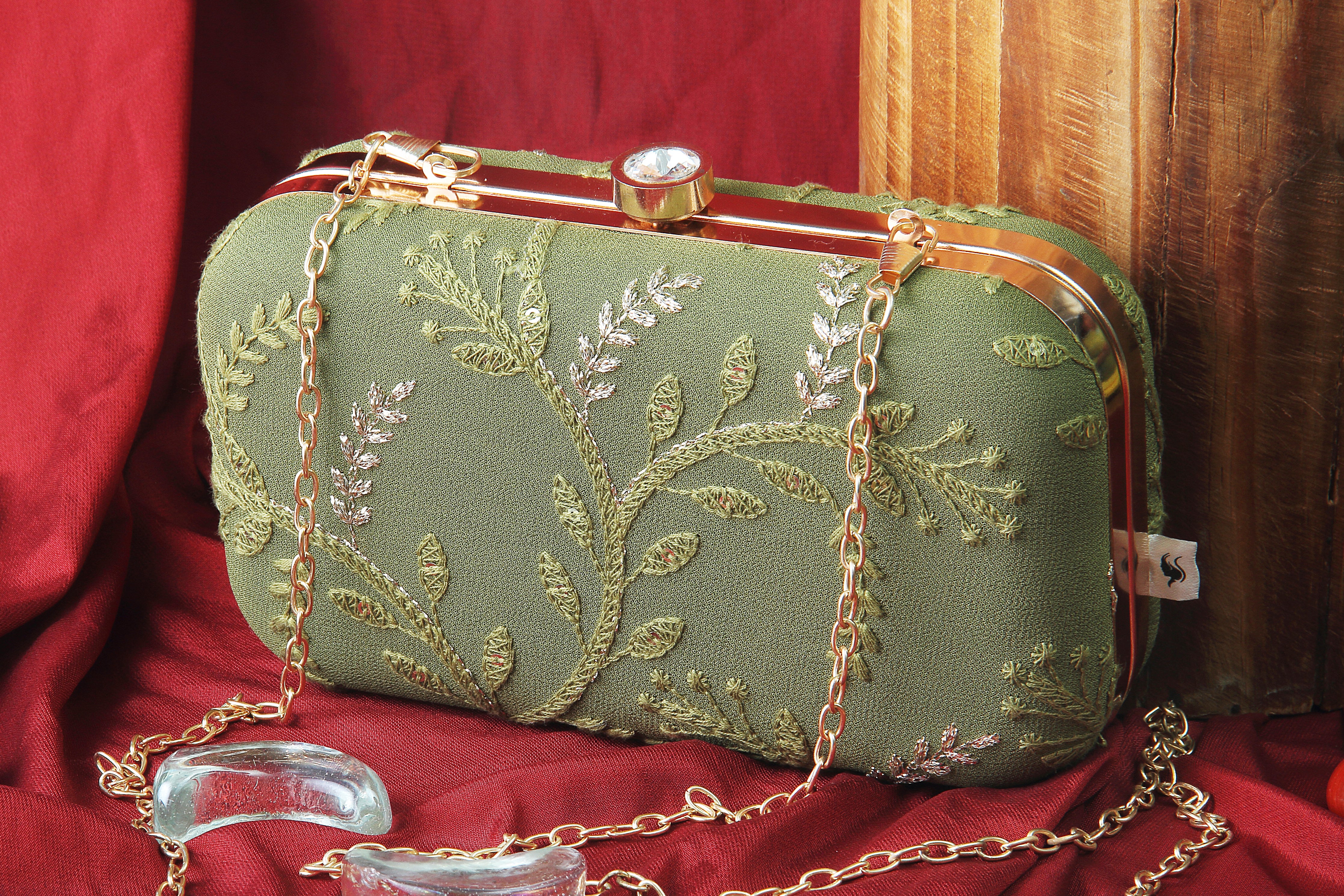 Saadgi embroidered designer olive clutch bag with sling