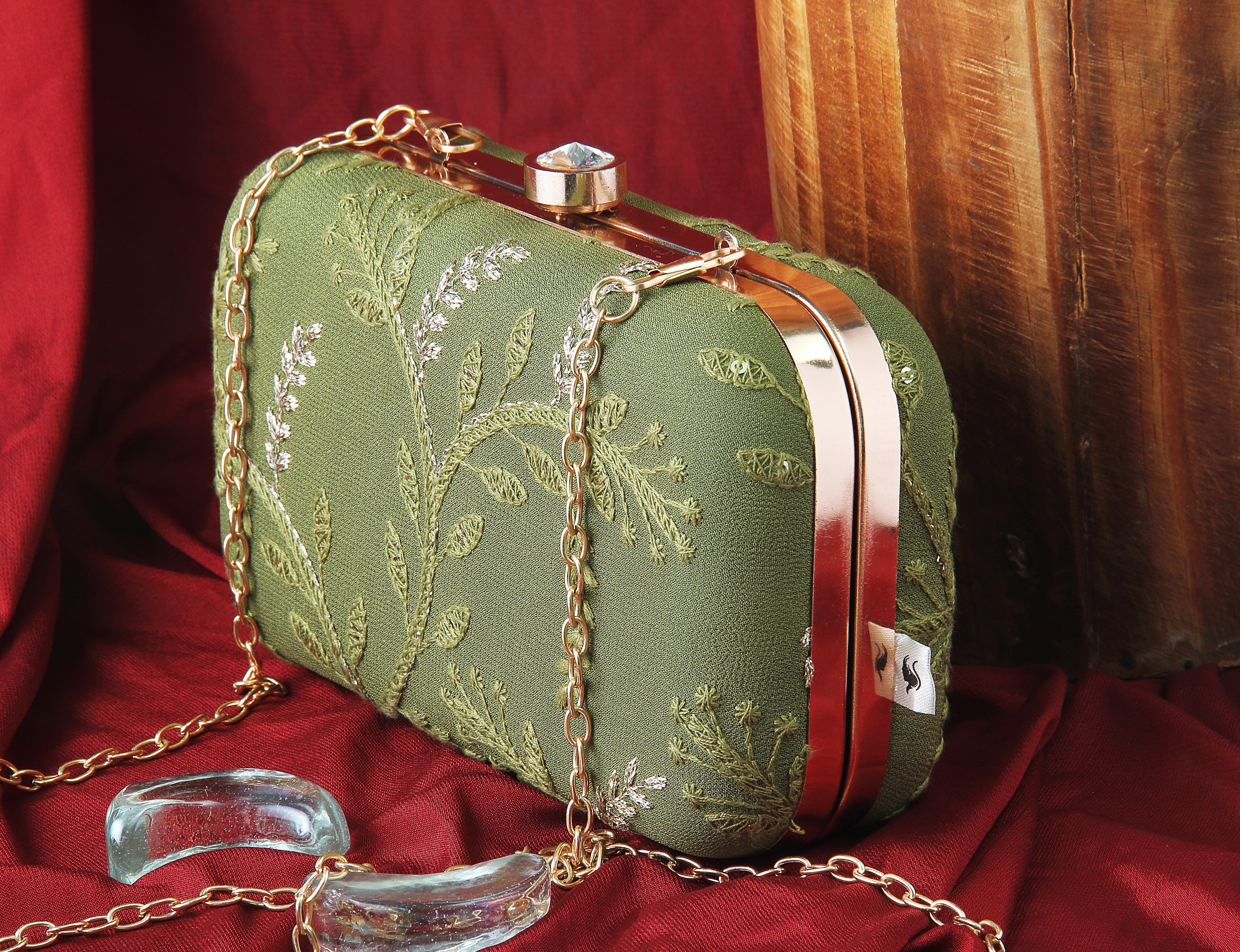 Saadgi embroidered designer olive clutch bag with sling