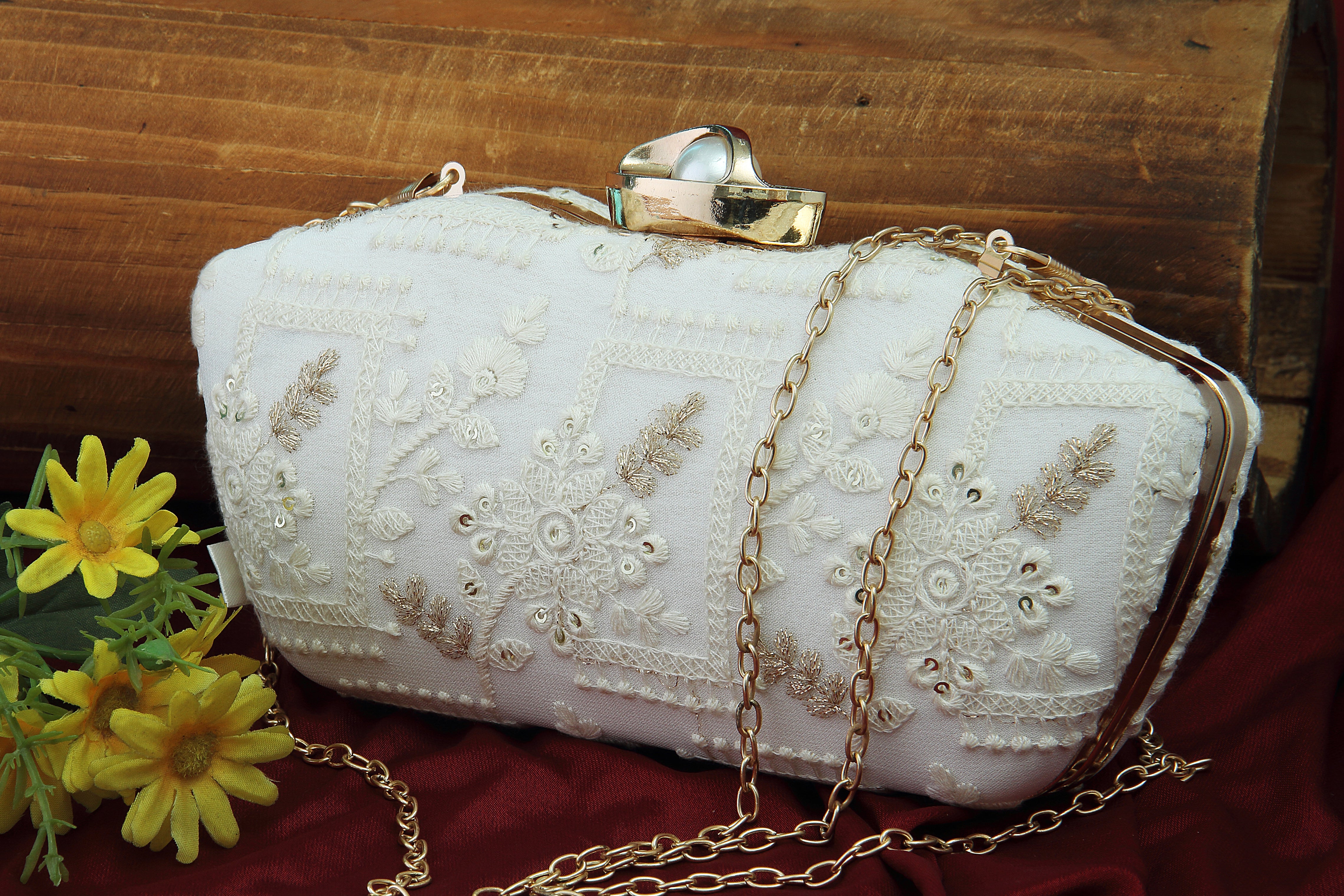Saadgi embroidered white designer clutch bag with sling