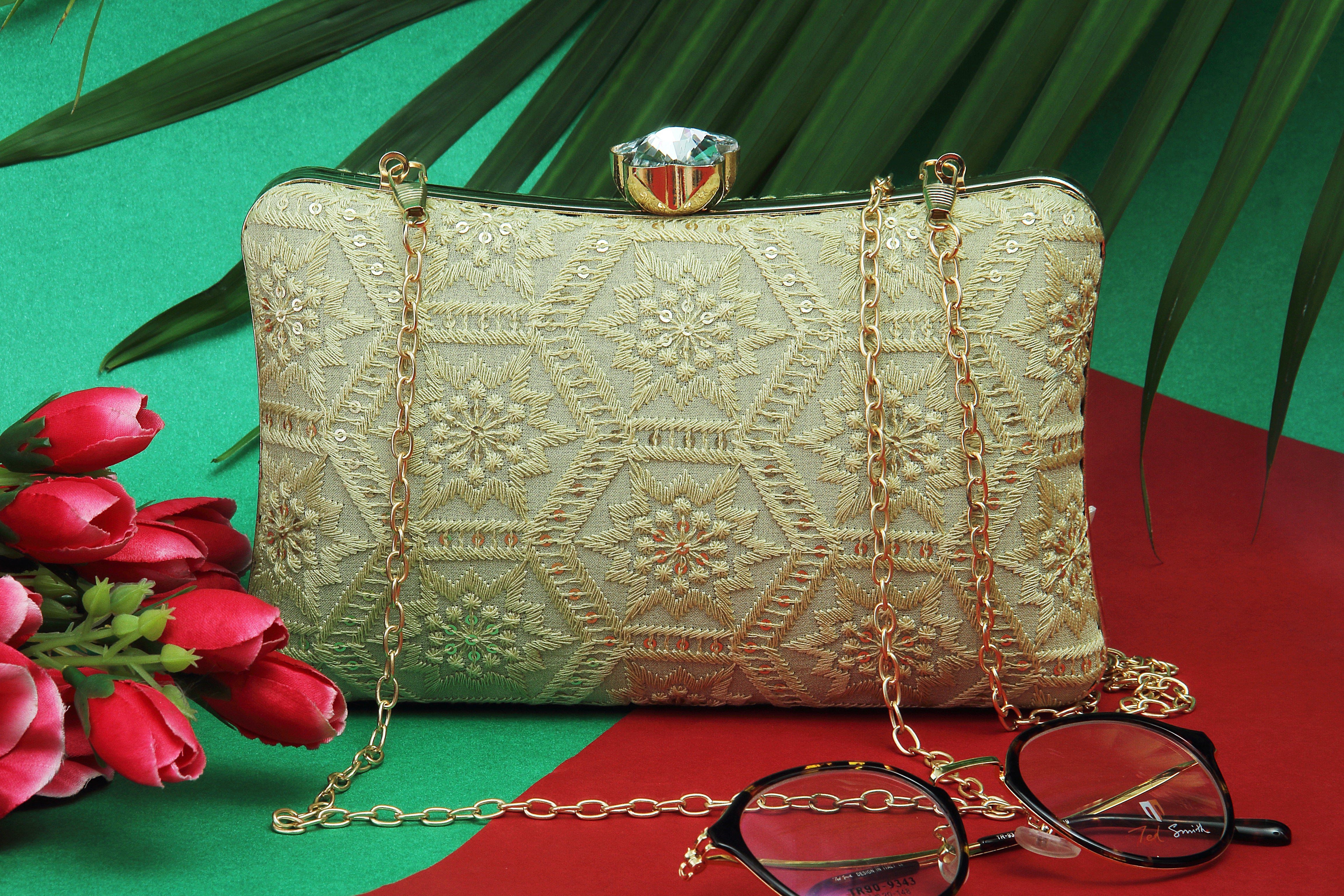 Saadgi embroidered white golden designer clutch bag with sling