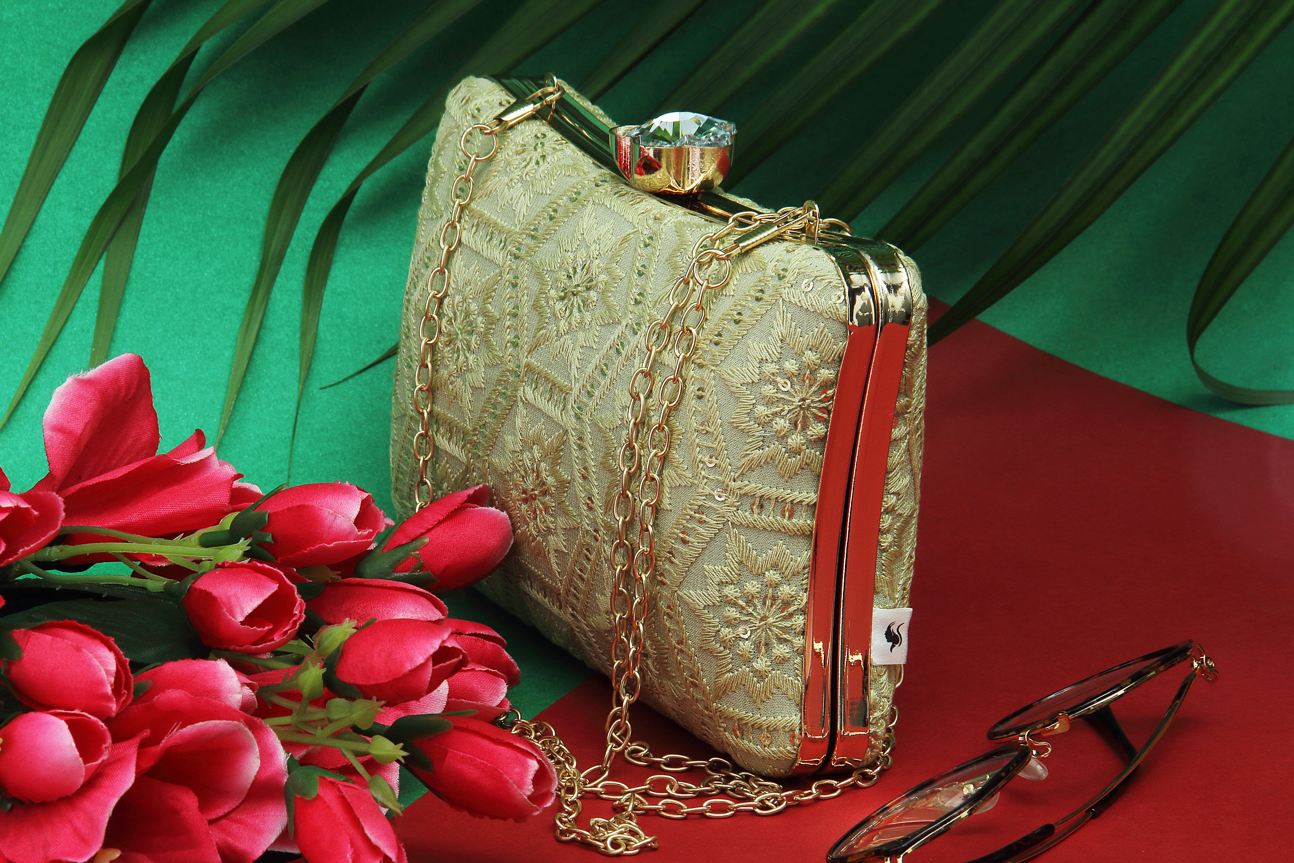 Saadgi embroidered white golden designer clutch bag with sling