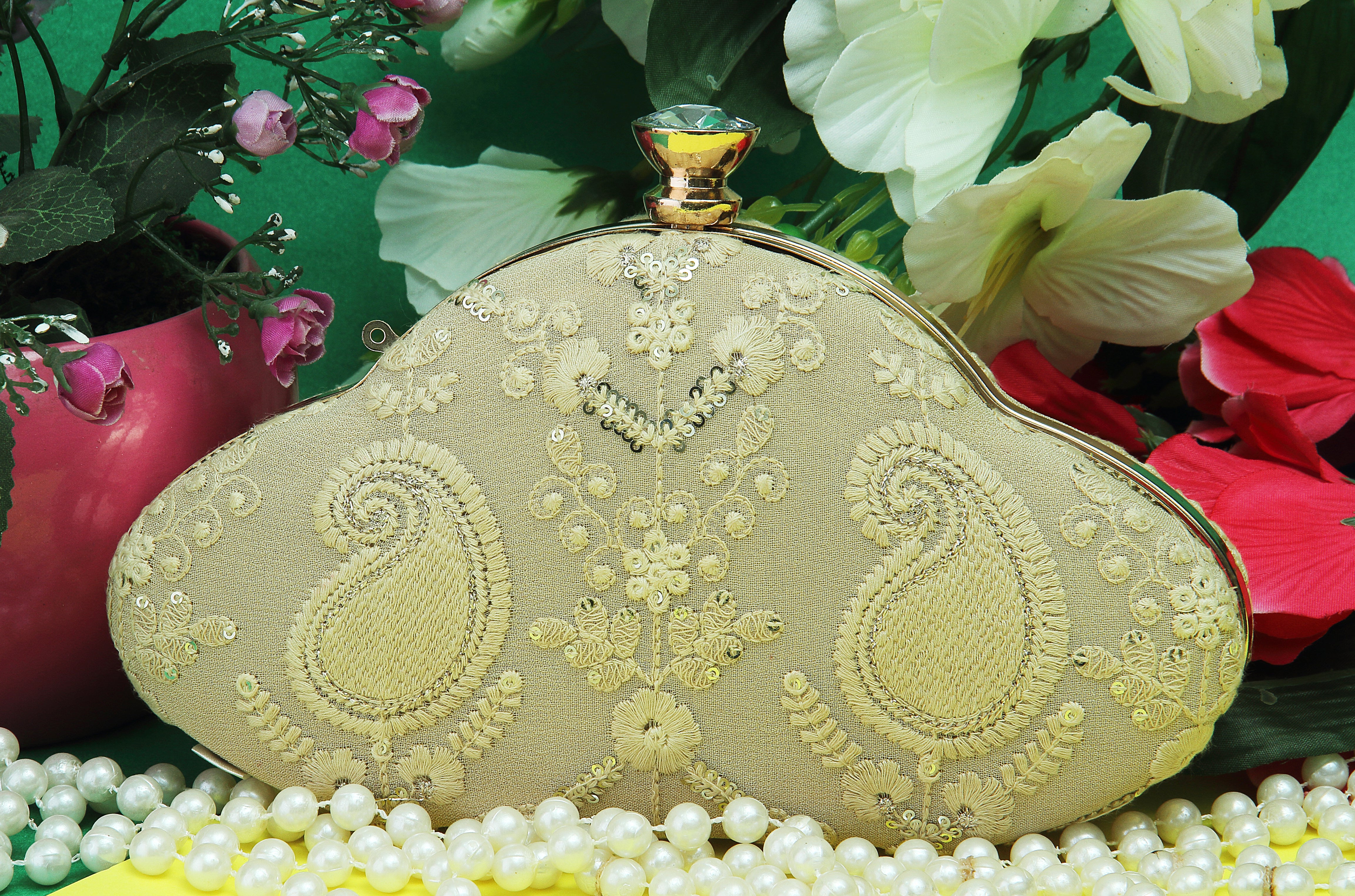 Saadgi embroidered off-white golden designer clutch bag with sling