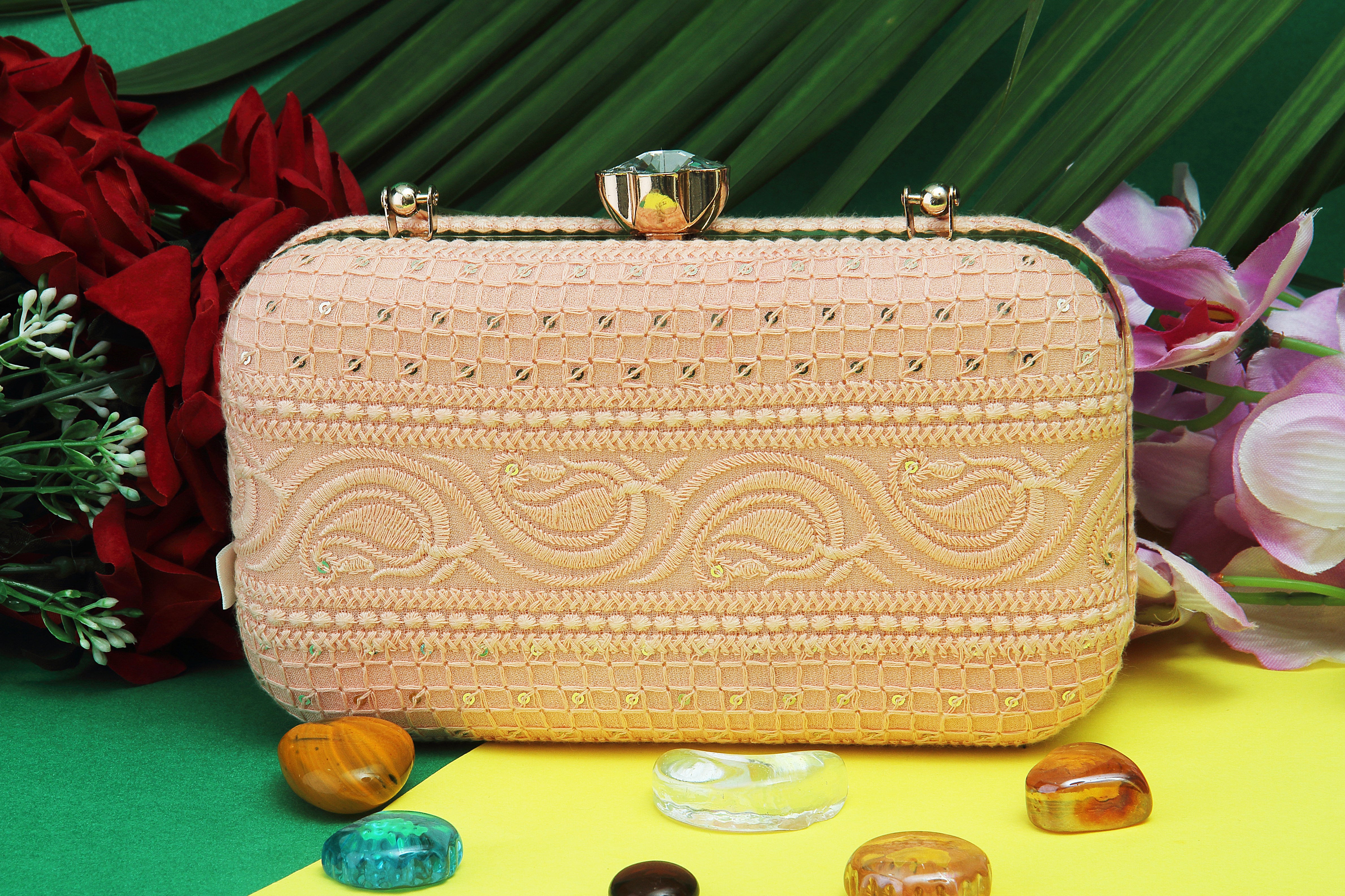 Saadgi embroidered peach designer clutch bag with sling