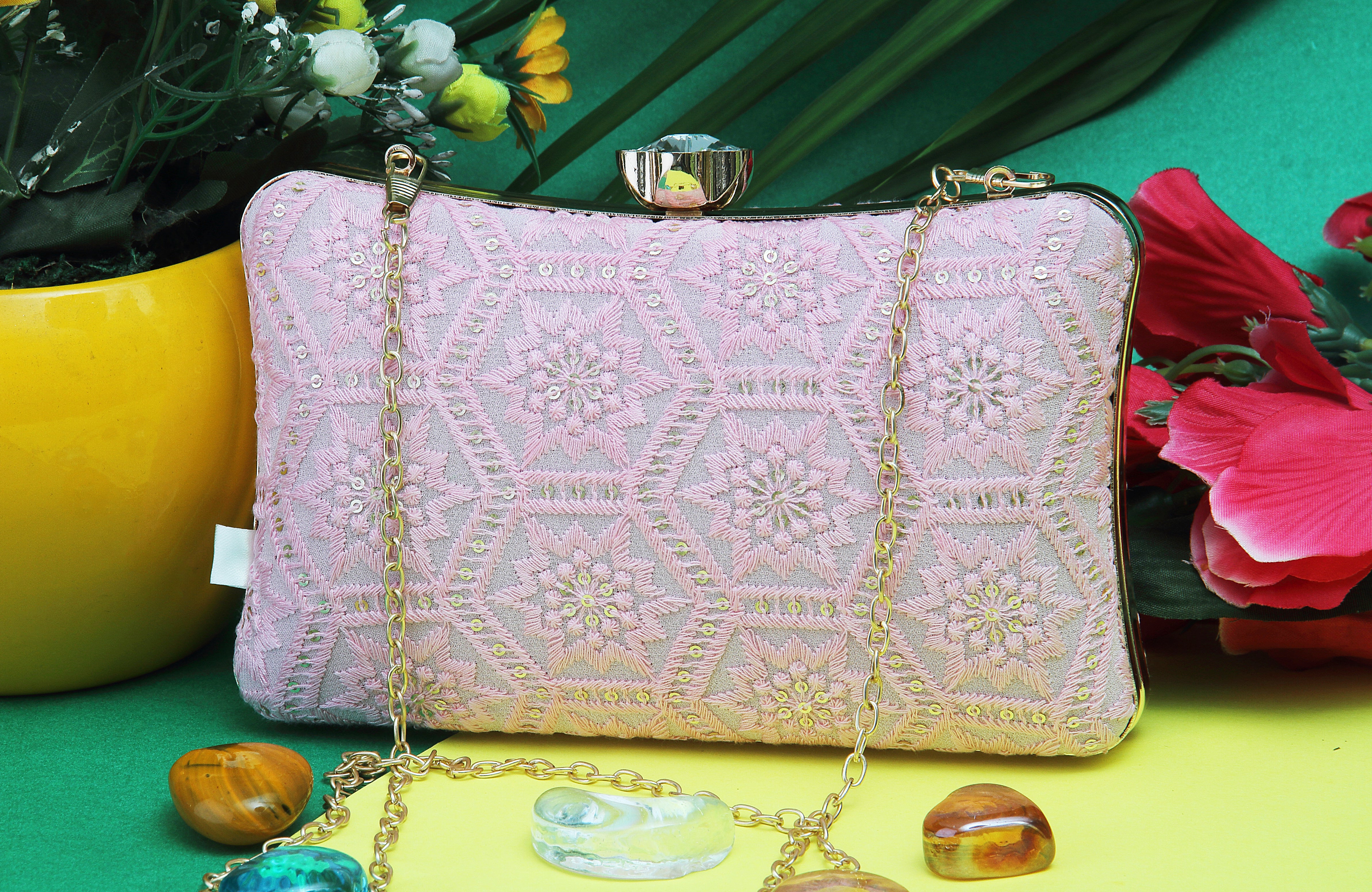 Saadgi embroidered light pink designer clutch bag with sling