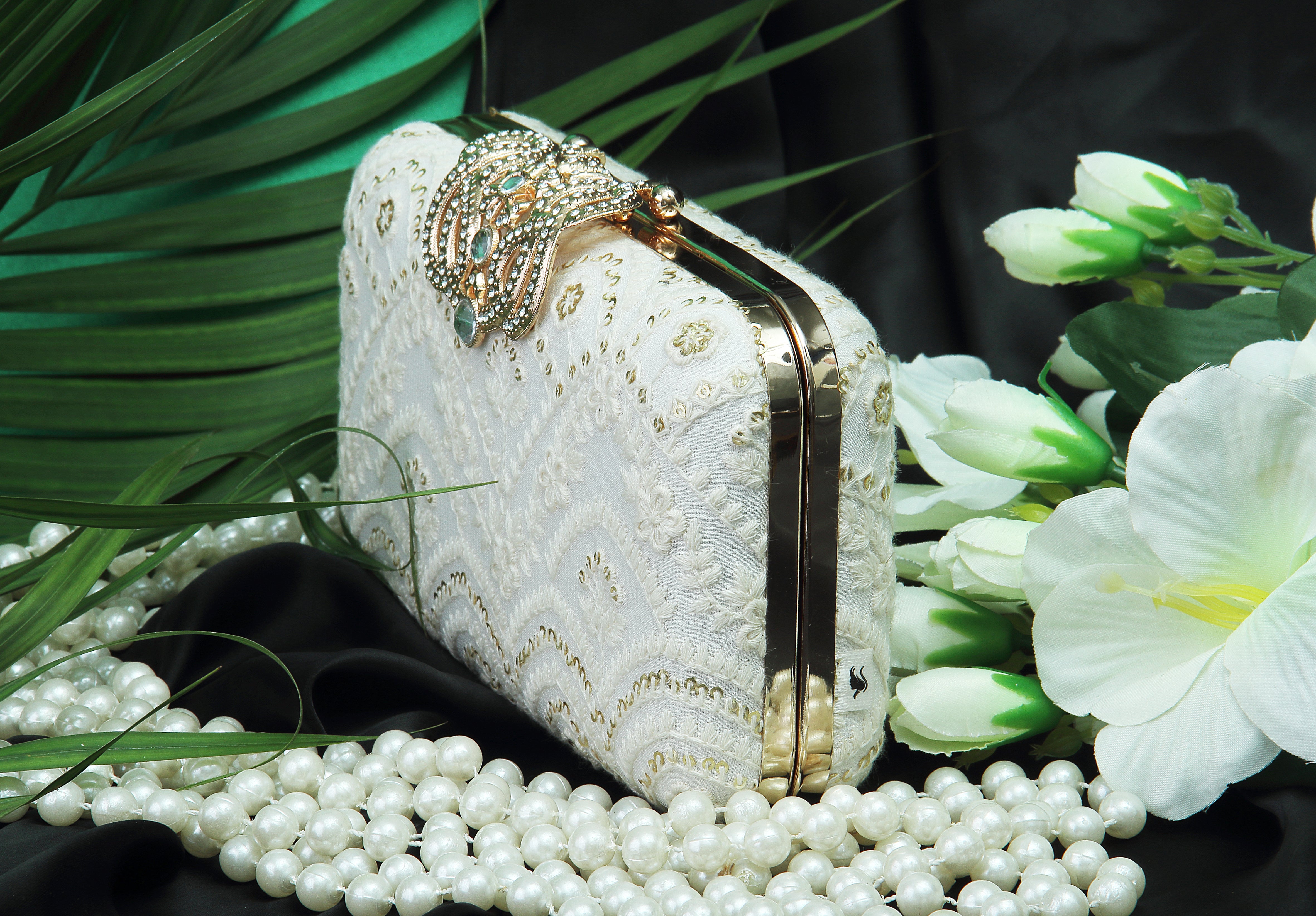 Saadgi embroidered pure white designer clutch bag with sling