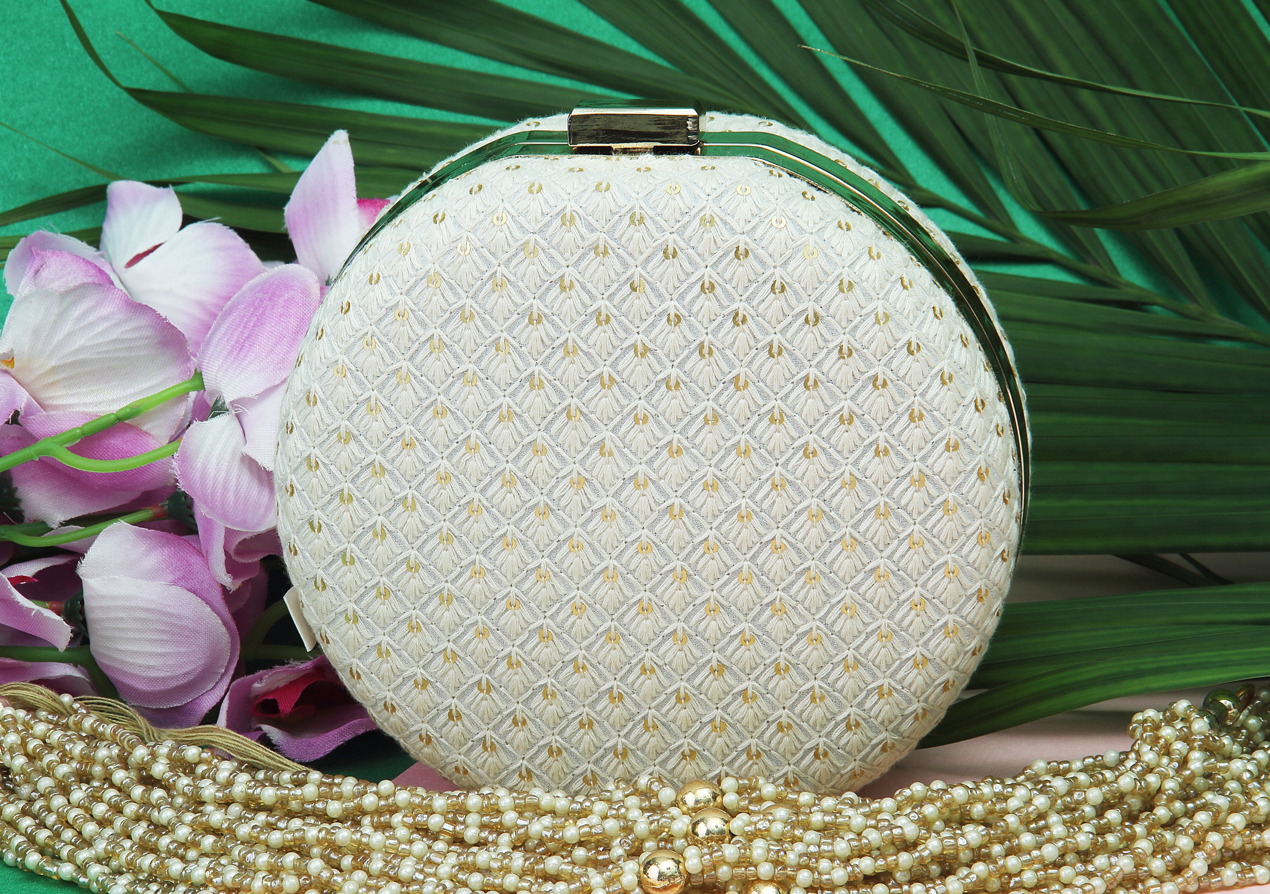 Saadgi embroidered  white round designer clutch bag with sling