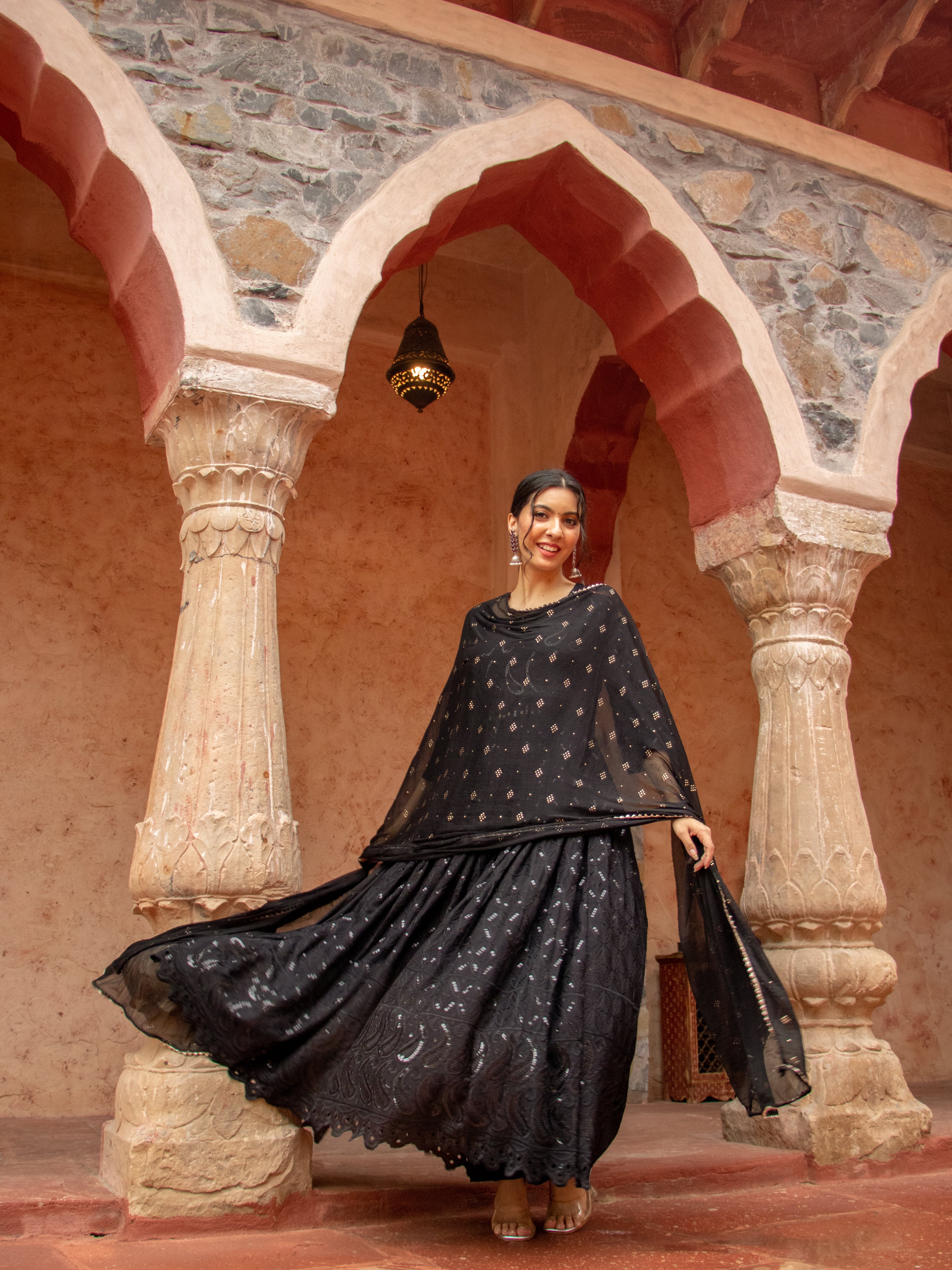 Niki Mehra's Schiffli Chikan Embroidered Rayon Anarkali Set with Sequin Embellishments & Handwork Dupatta"