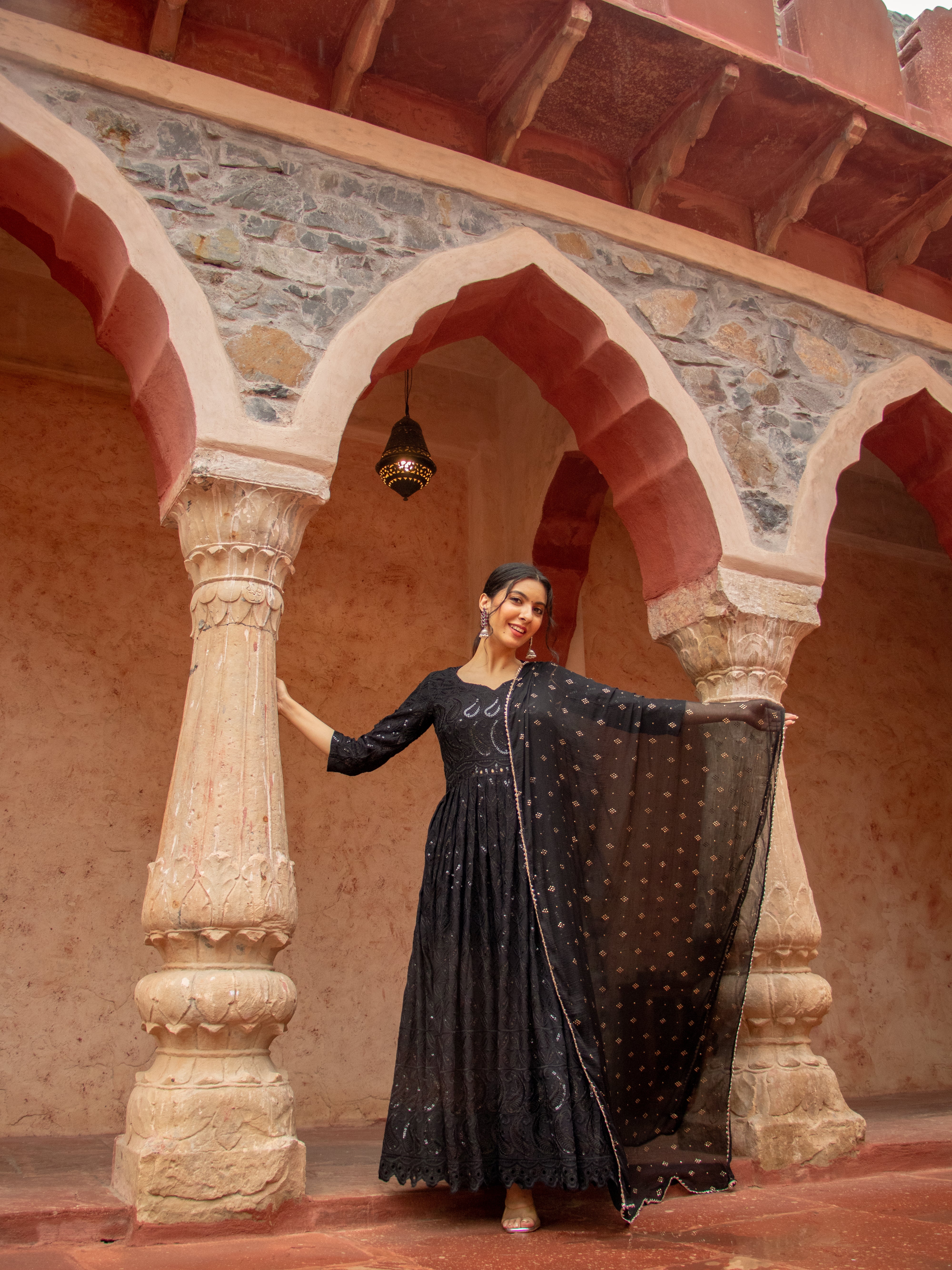 Niki Mehra's Schiffli Chikan Embroidered Rayon Anarkali Set with Sequin Embellishments & Handwork Dupatta"