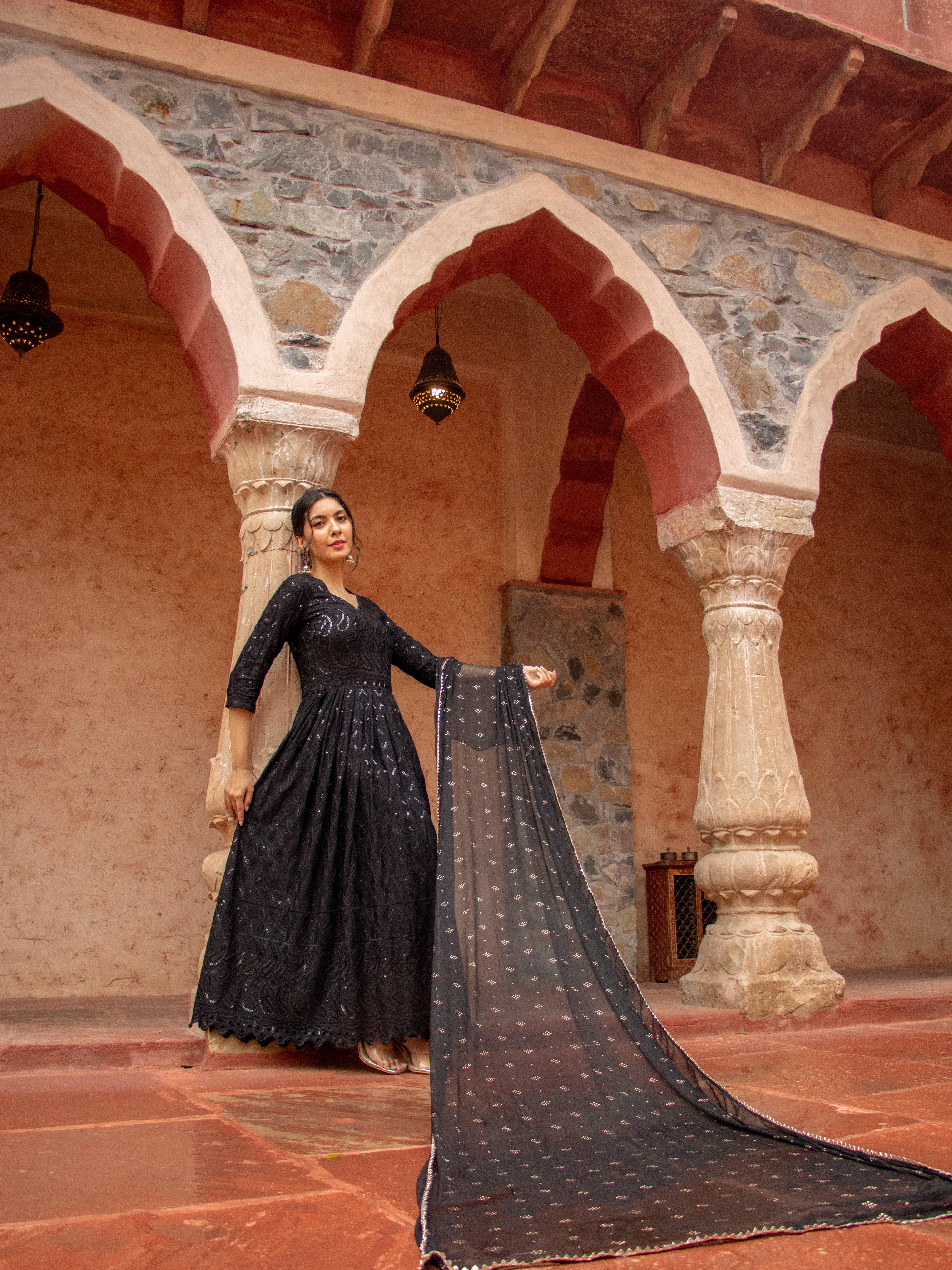 Niki Mehra's Schiffli Chikan Embroidered Rayon Anarkali Set with Sequin Embellishments & Handwork Dupatta"