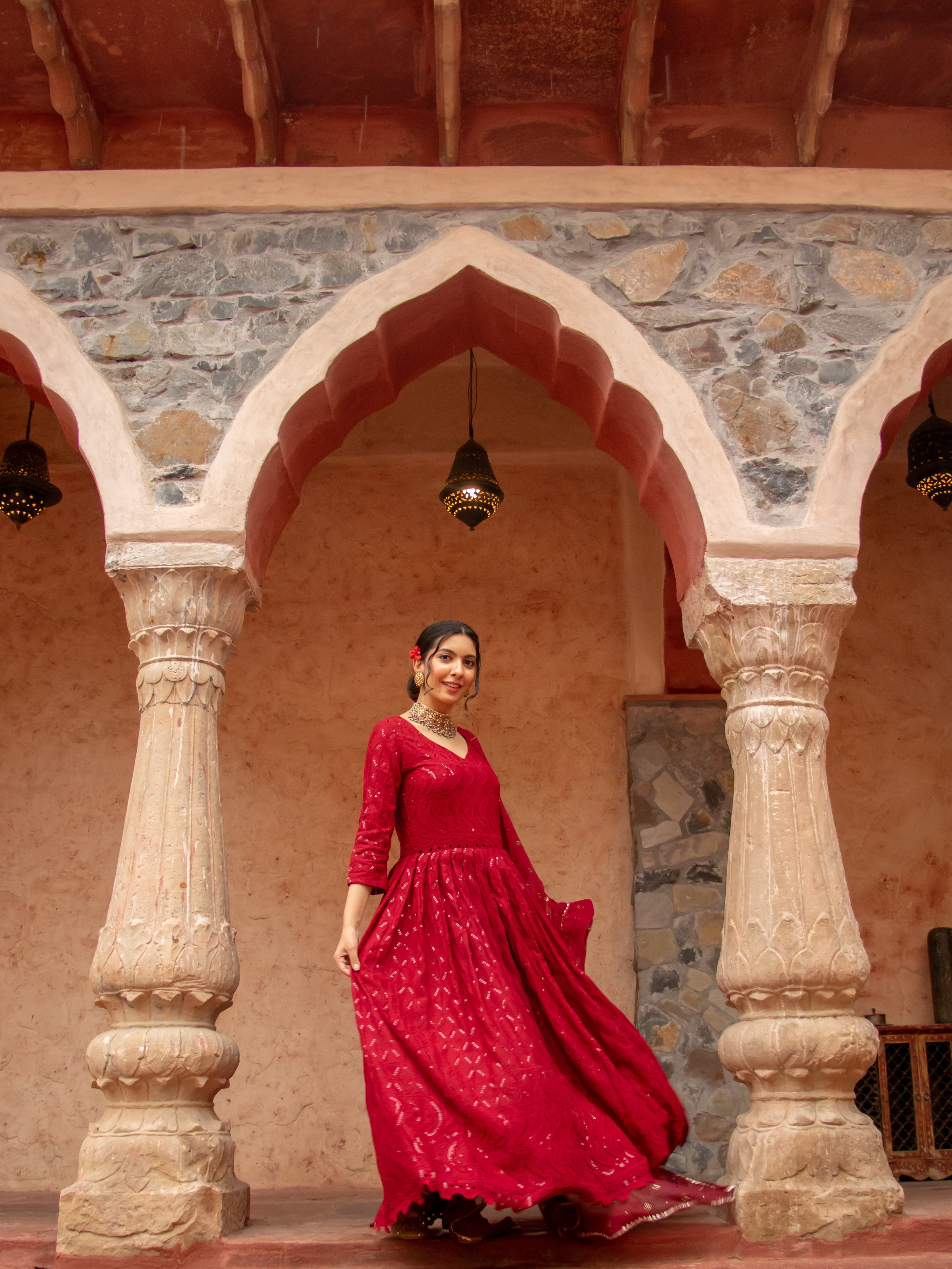 Niki Mehra's schiffly sequin chikankari work Red Anarkali set & Dupatta