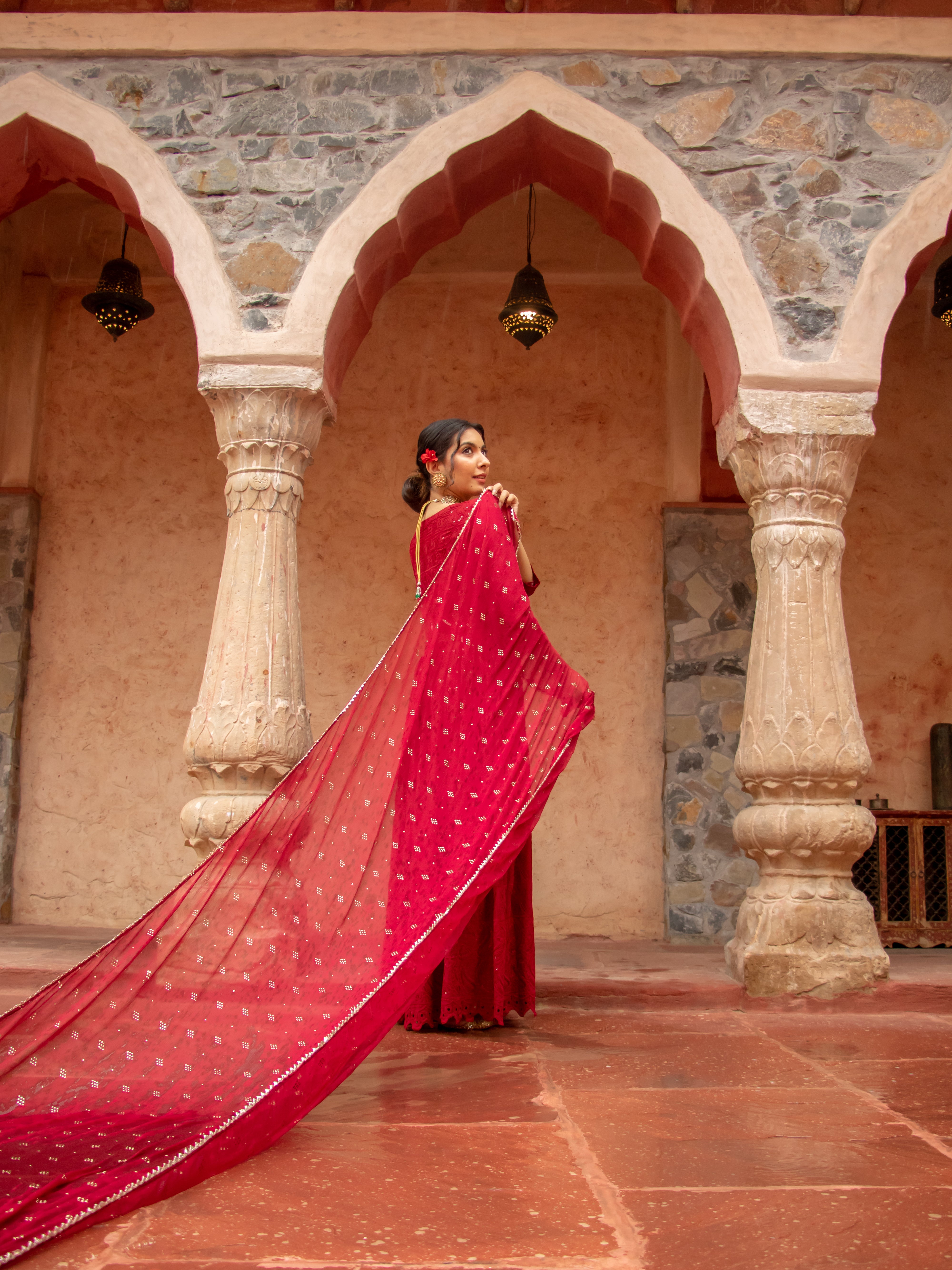 Niki Mehra's schiffly sequin chikankari work Red Anarkali set & Dupatta