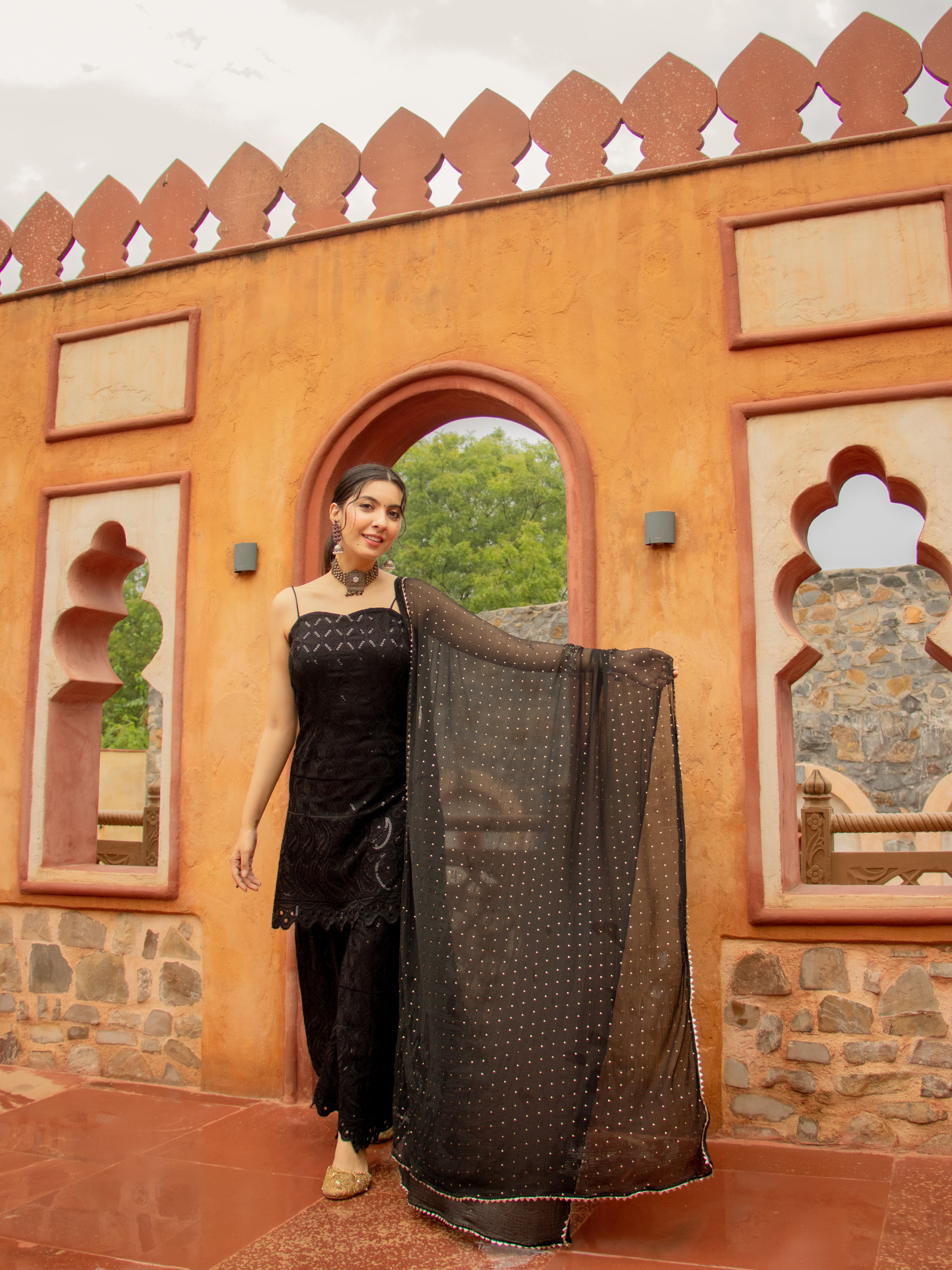 Niki Mehra's rayon schiffly sequin work embellished Red Gharara set & Dupatta