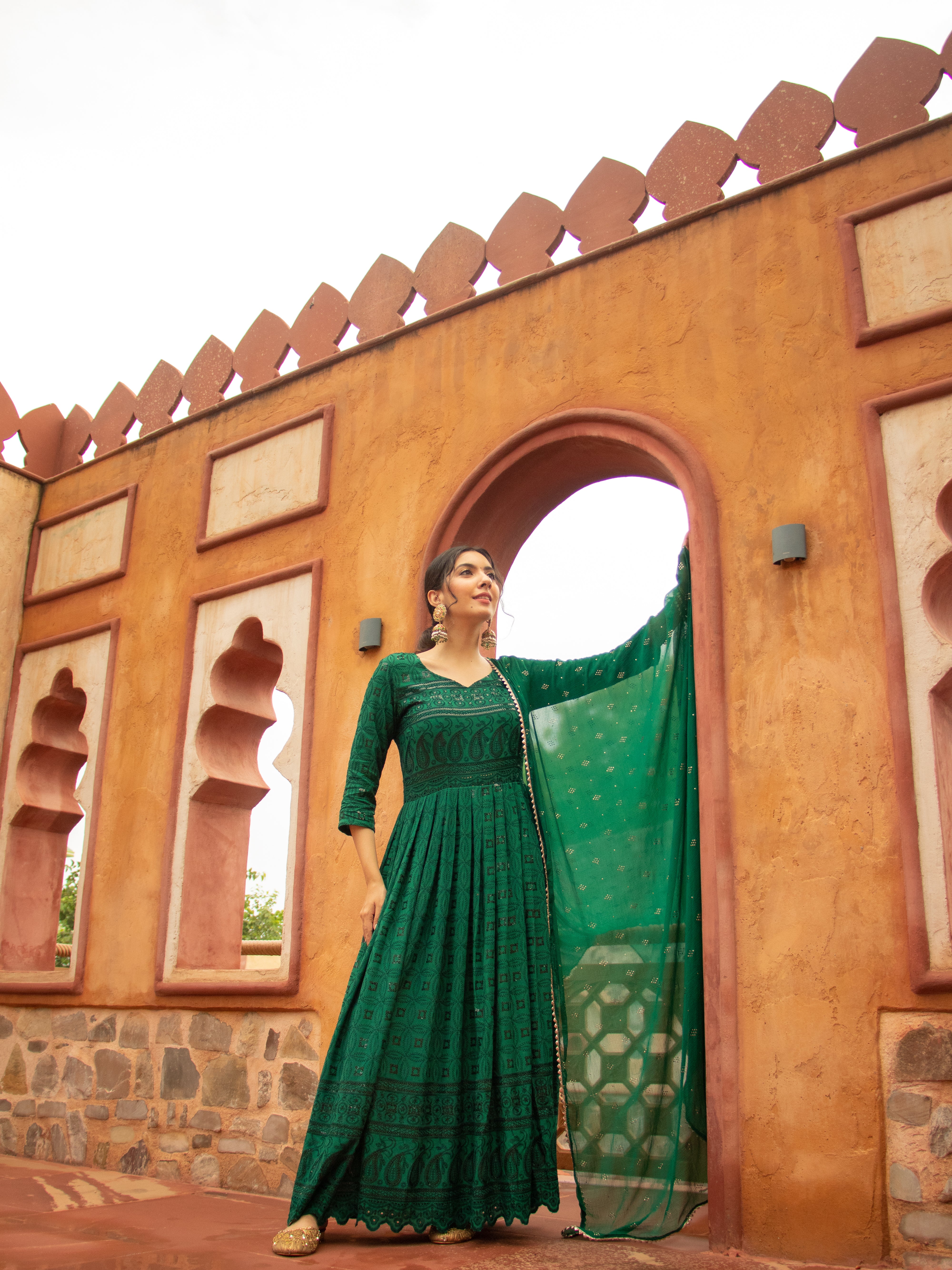 Niki Mehra's Schiffli Chikan Embroidered Rayon Anarkali Set with Sequin Embellishments & Handwork Dupatta"