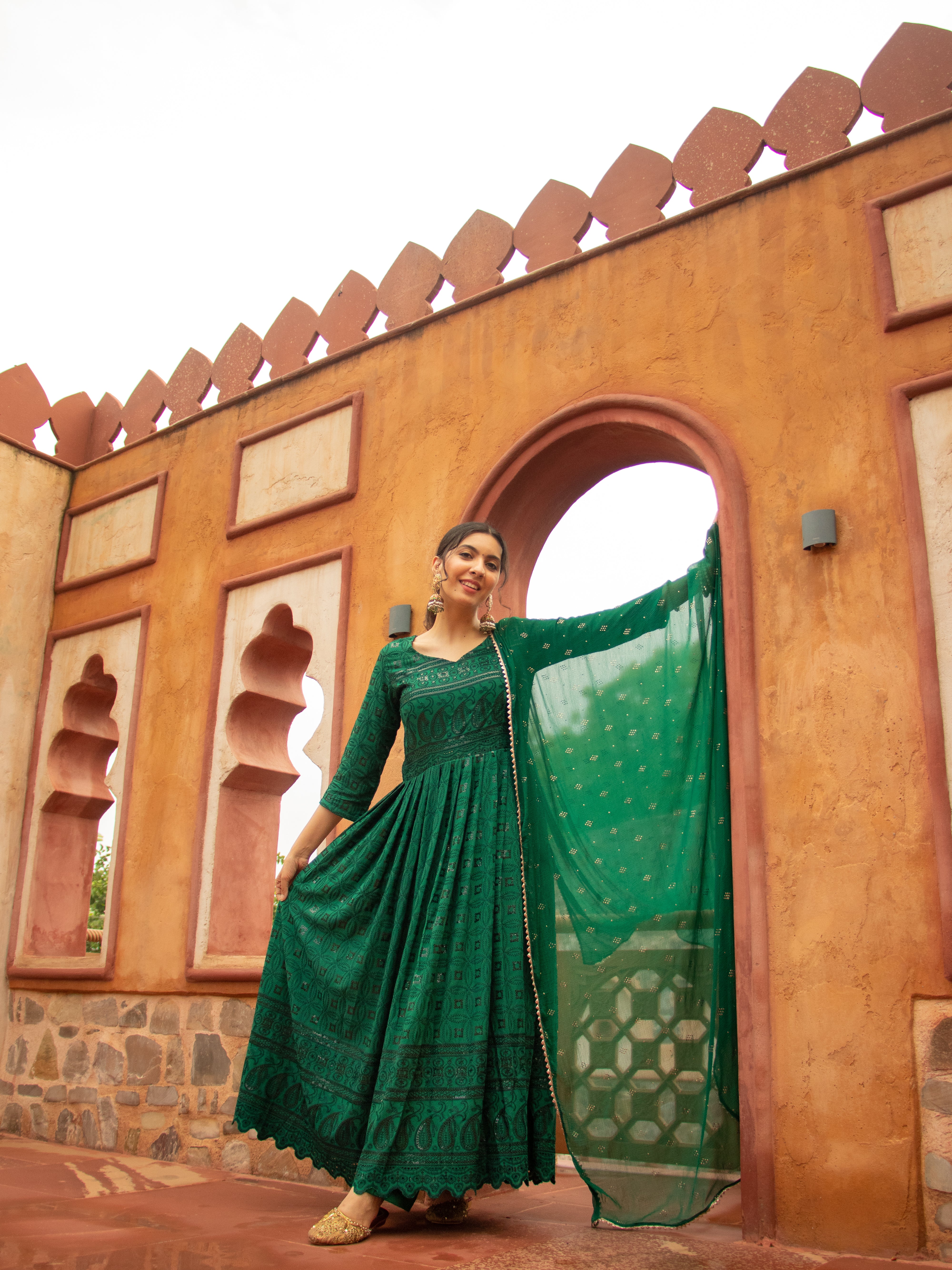 Niki Mehra's Schiffli Chikan Embroidered Rayon Anarkali Set with Sequin Embellishments & Handwork Dupatta"