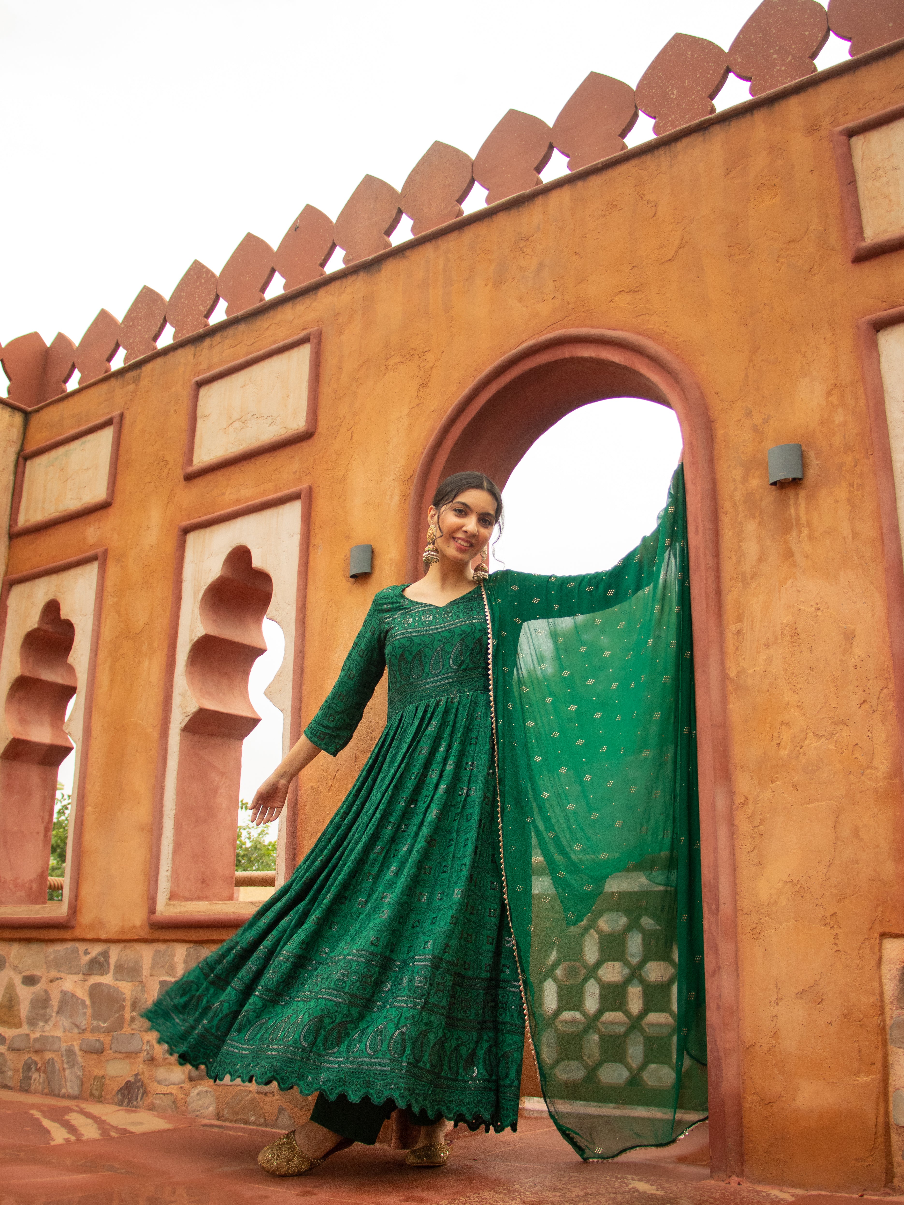 Niki Mehra's Schiffli Chikan Embroidered Rayon Anarkali Set with Sequin Embellishments & Handwork Dupatta"