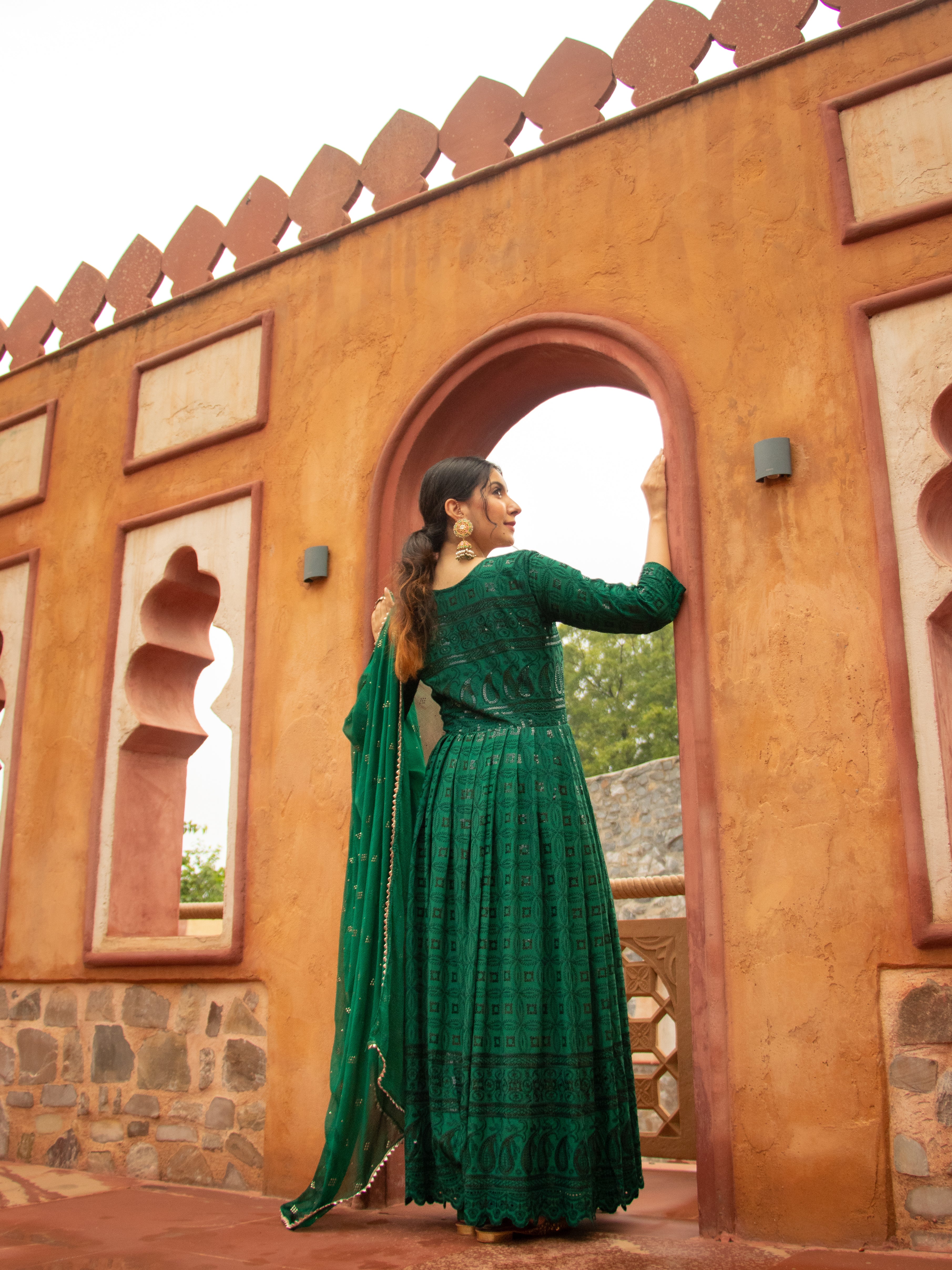 Niki Mehra's Schiffli Chikan Embroidered Rayon Anarkali Set with Sequin Embellishments & Handwork Dupatta"