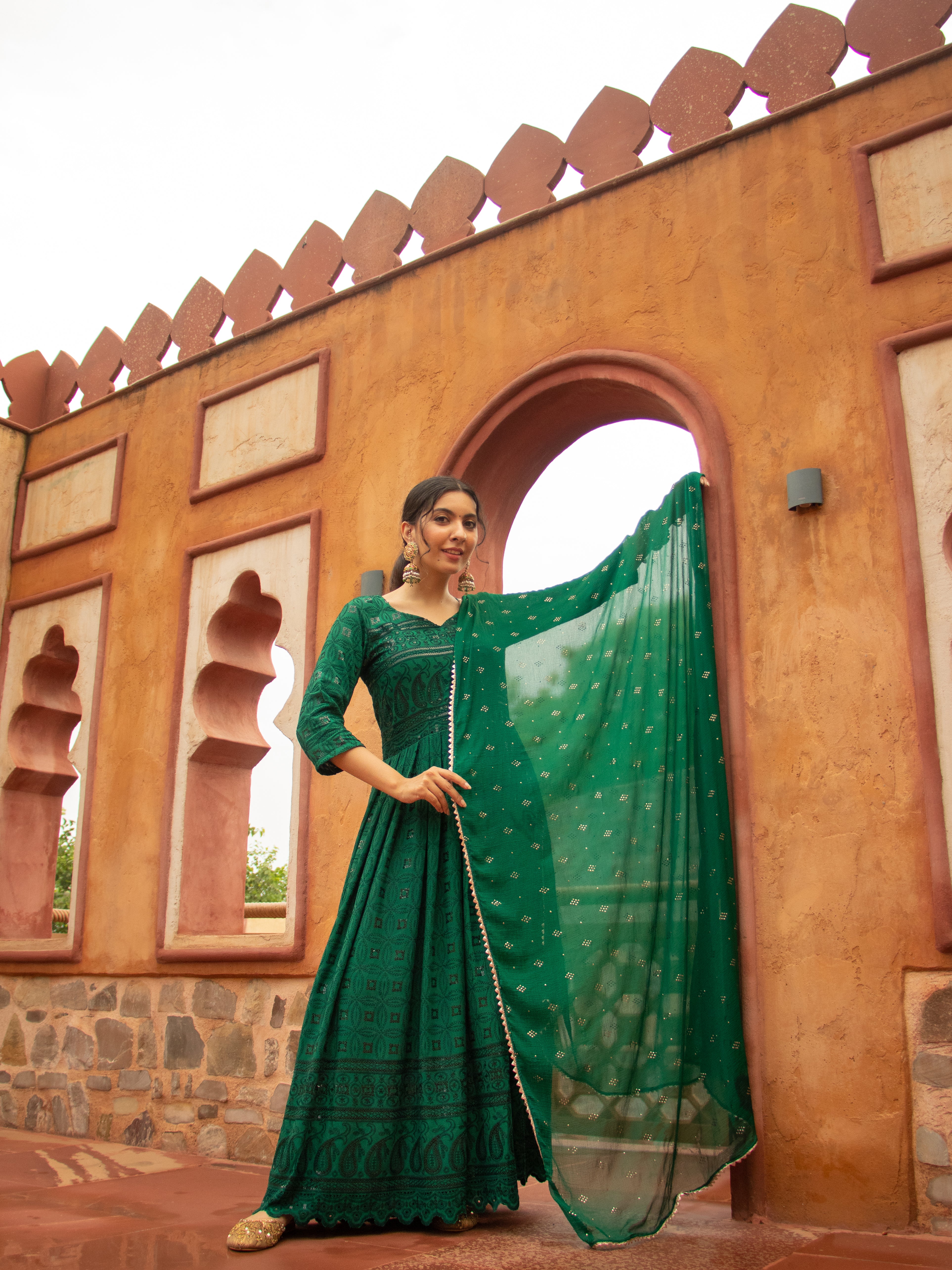 Niki Mehra's Schiffli Chikan Embroidered Rayon Anarkali Set with Sequin Embellishments & Handwork Dupatta"