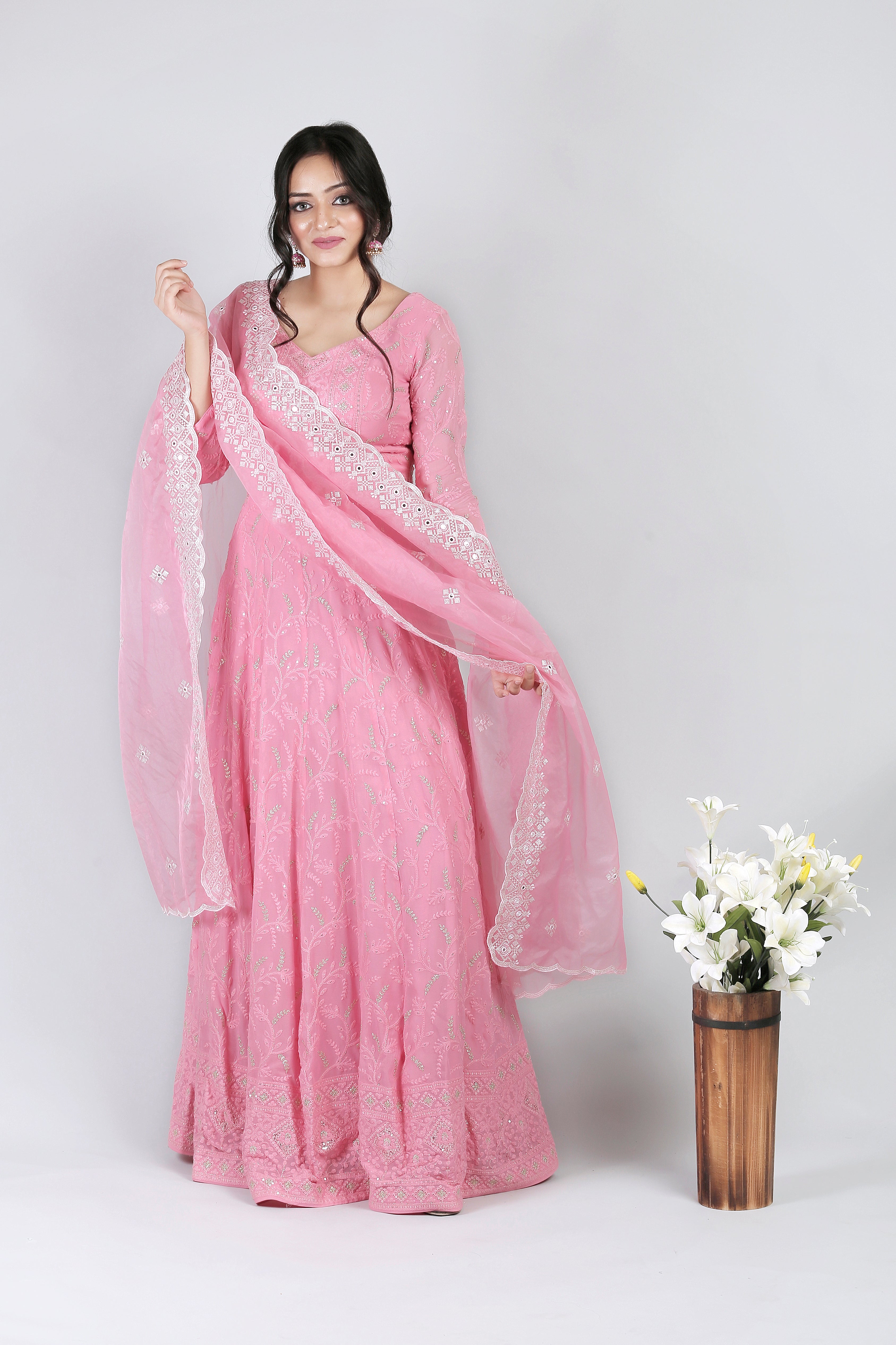 Saadgi Pure Georgette Chikankari with Sequin & Zari work Stitched Anarkali with pure crape lining and dupatta, chicken, chikan kurti, chikan suit, chikankari kurta for women, chikankari kurta, chikankari kurta set, chikankari short kurti, chikankari suit set, gharara, chikankari suits, hand crafted, lakhnavi kurti, lucknowi chikankari kurti, lucknowi kurti, lucknowi chikankari saree