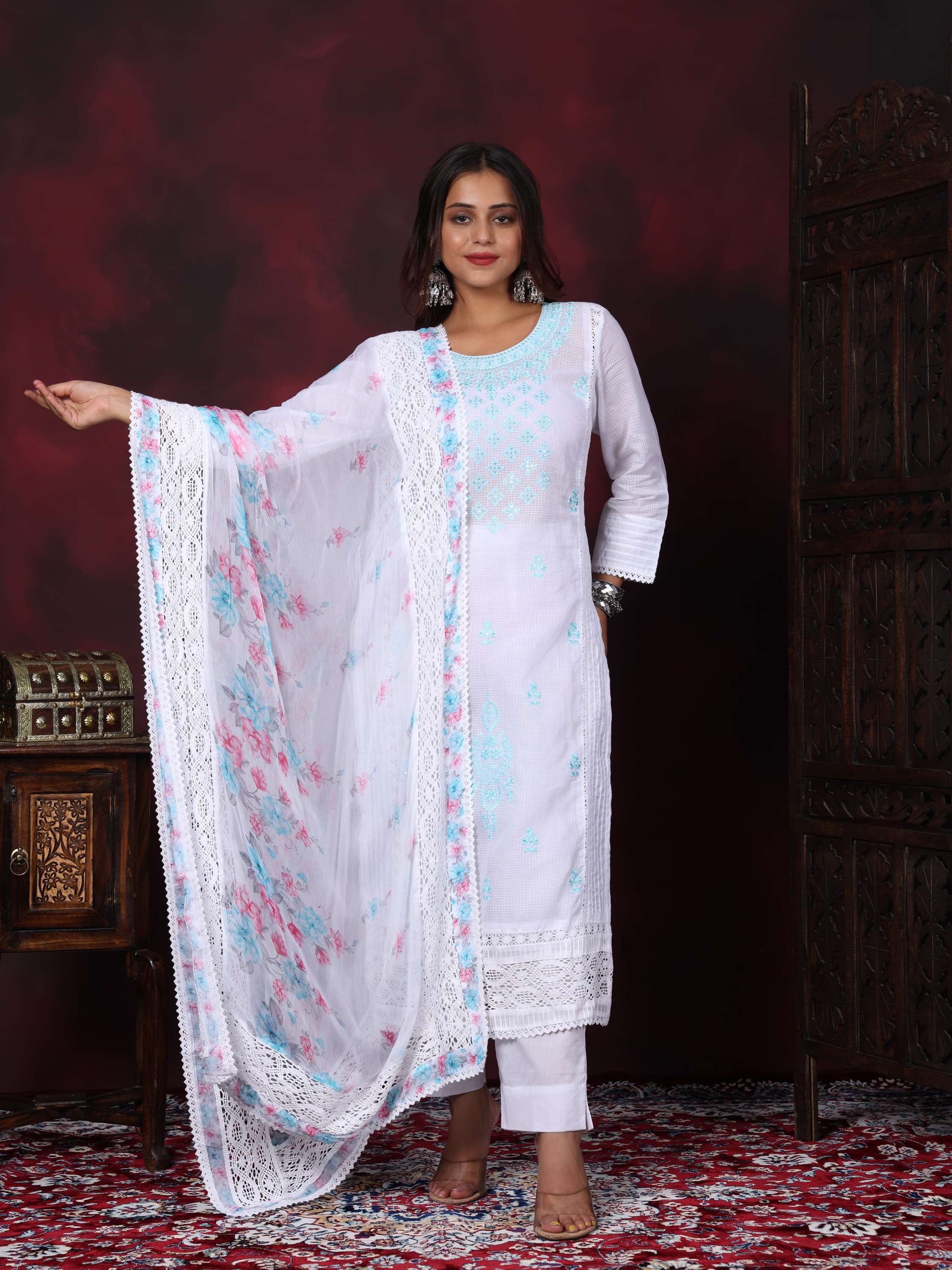 Pink & White Pure Cotton Schiffly Chikan Suit