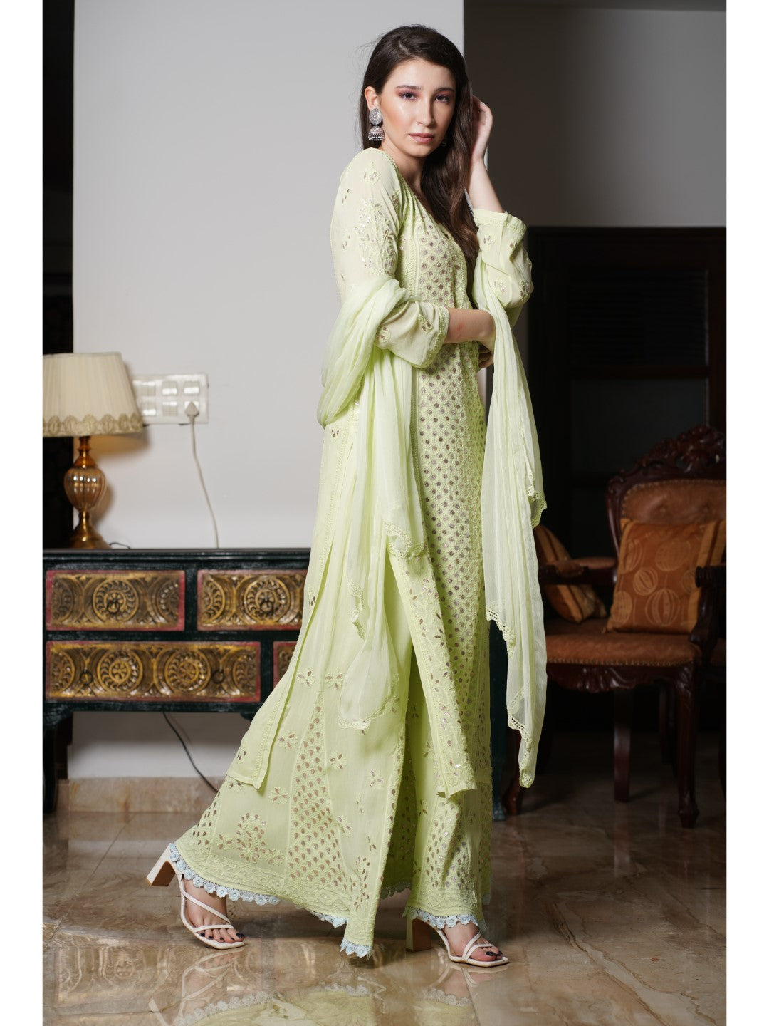 Saadgi hand embroidered chikankari Gotta Patti Light Green premium suit set with dupatta(set of 3)