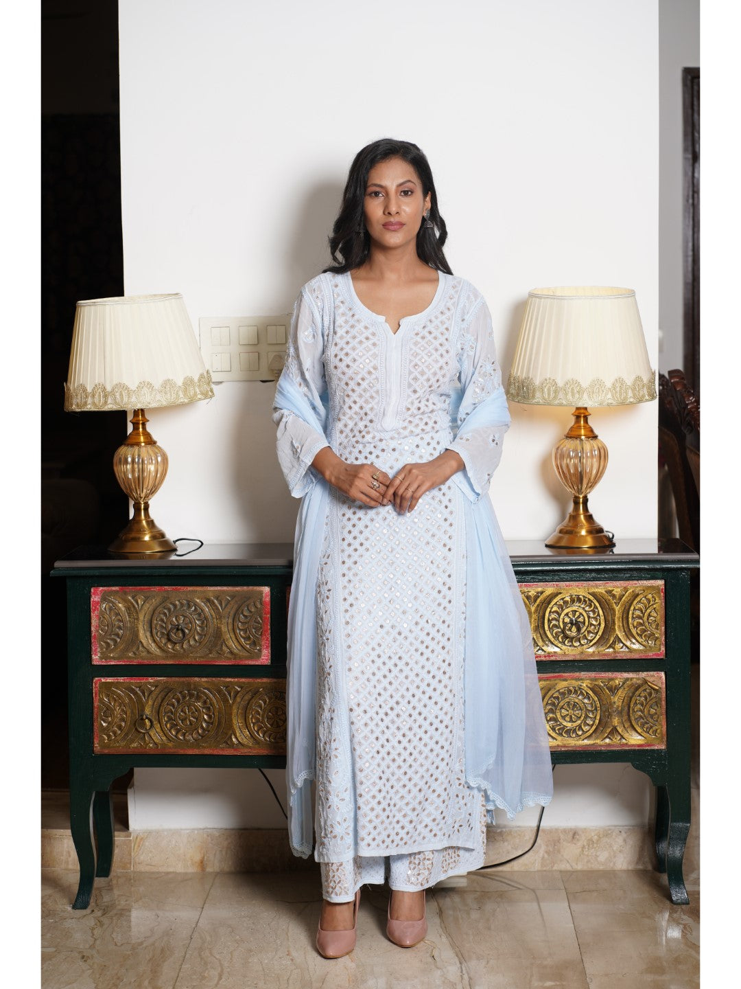 Saadgi hand embroidered chikankari Gotta Patti blue premium suit set with dupatta(set of 3)