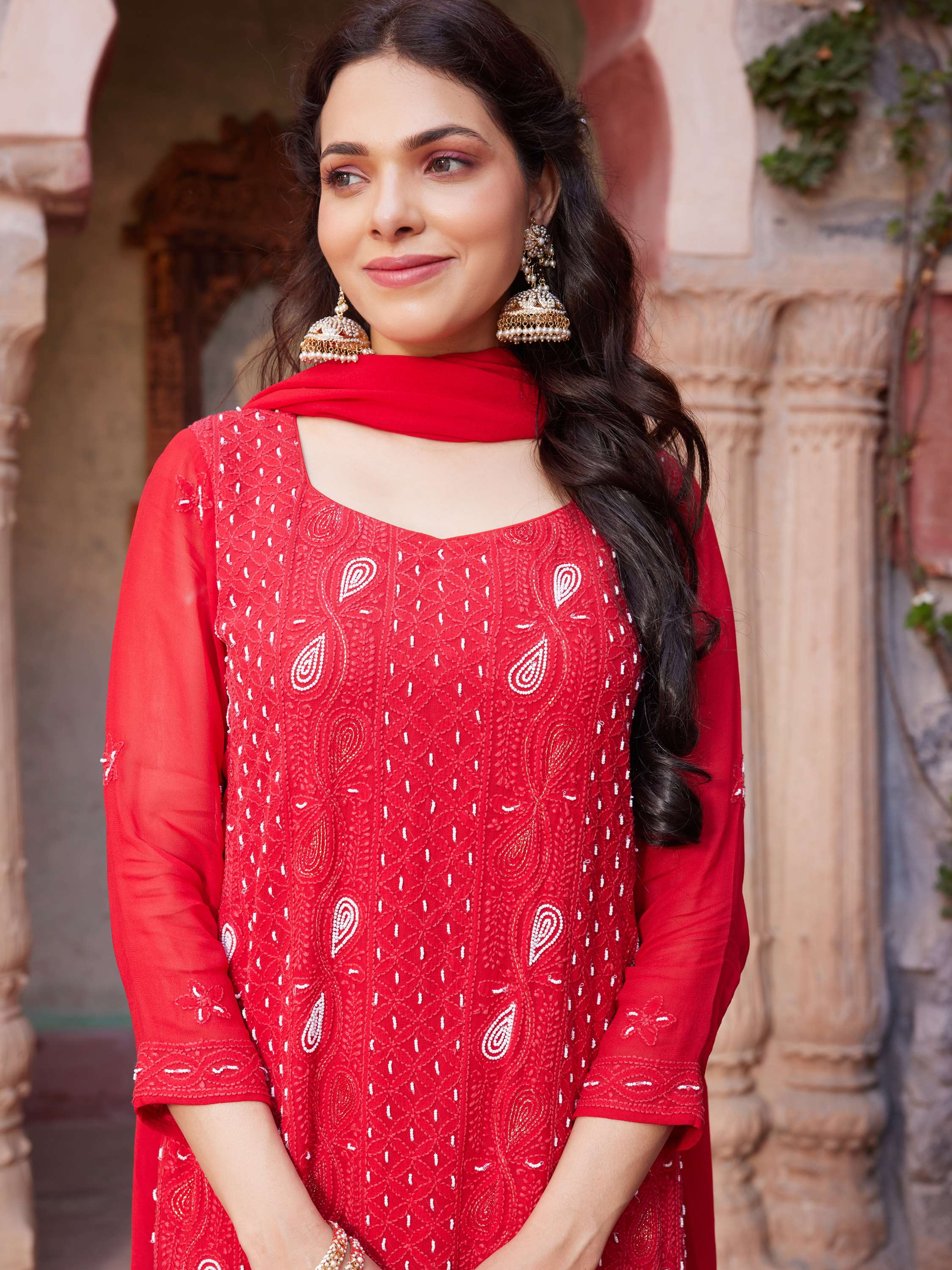 Candy Red Handcrafted Chikankari Pearl Suit