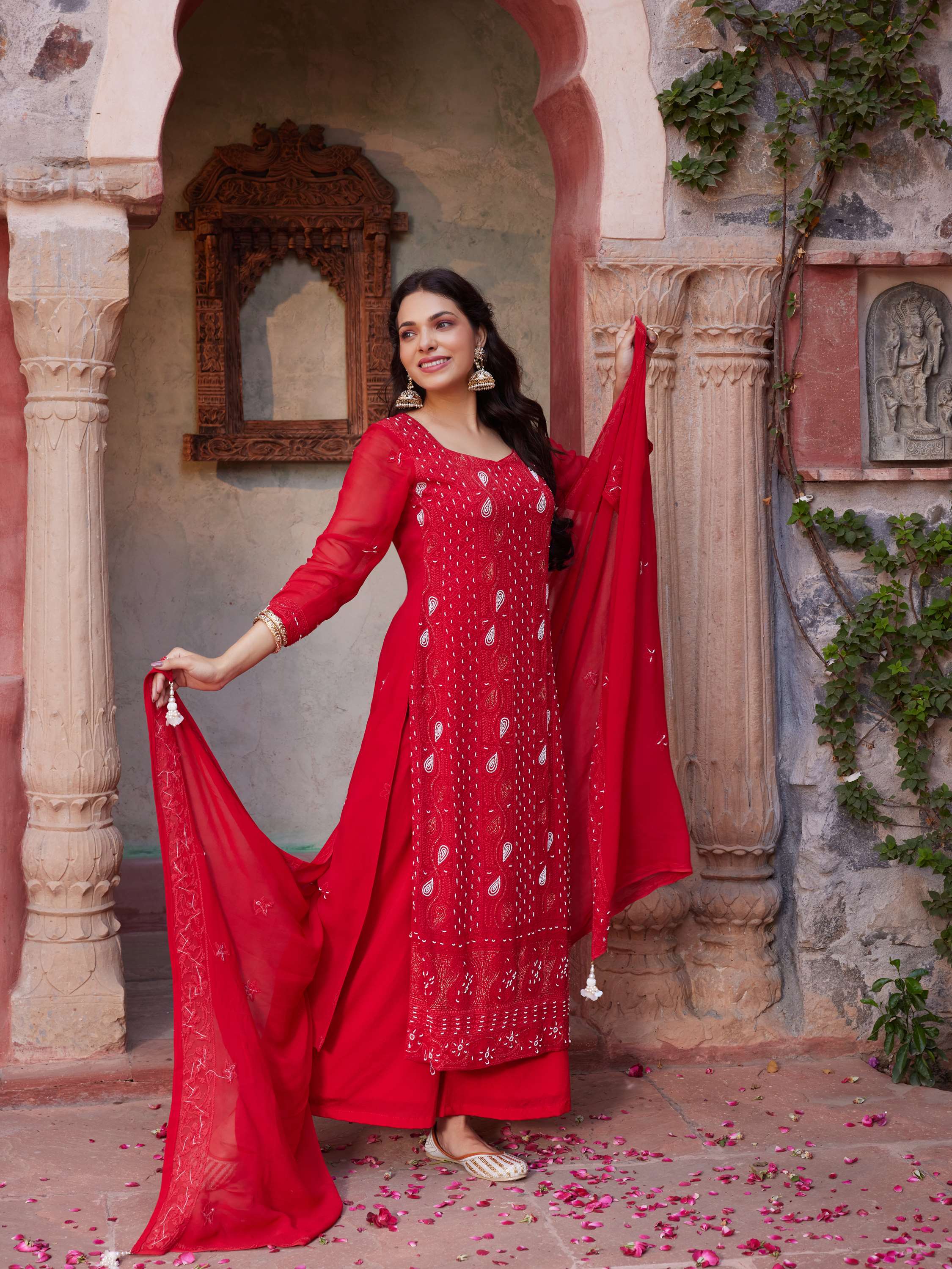 Candy Red Handcrafted Chikankari Pearl Suit