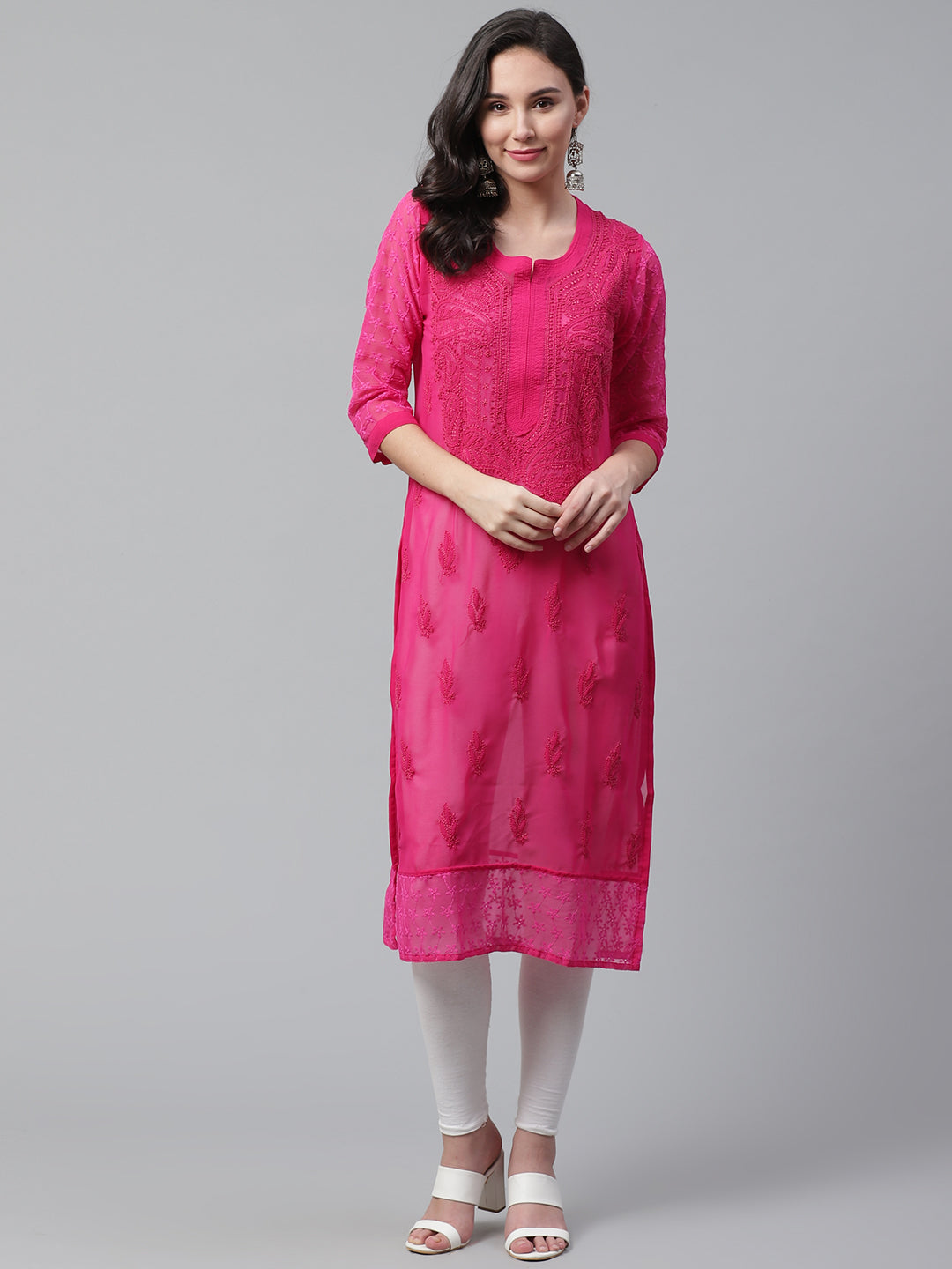 Saadgi Handcrafted Baby Pink Chikankari Kurti embellished with Mirror work -MR005