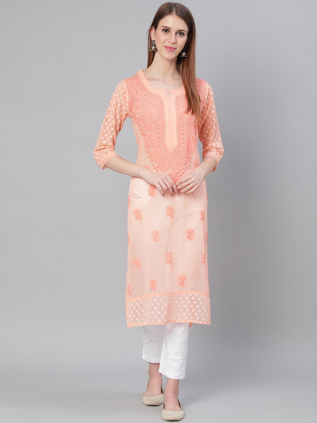 Saadgi Handcrafted Baby Pink Chikankari Kurti embellished with Mirror work -MR005