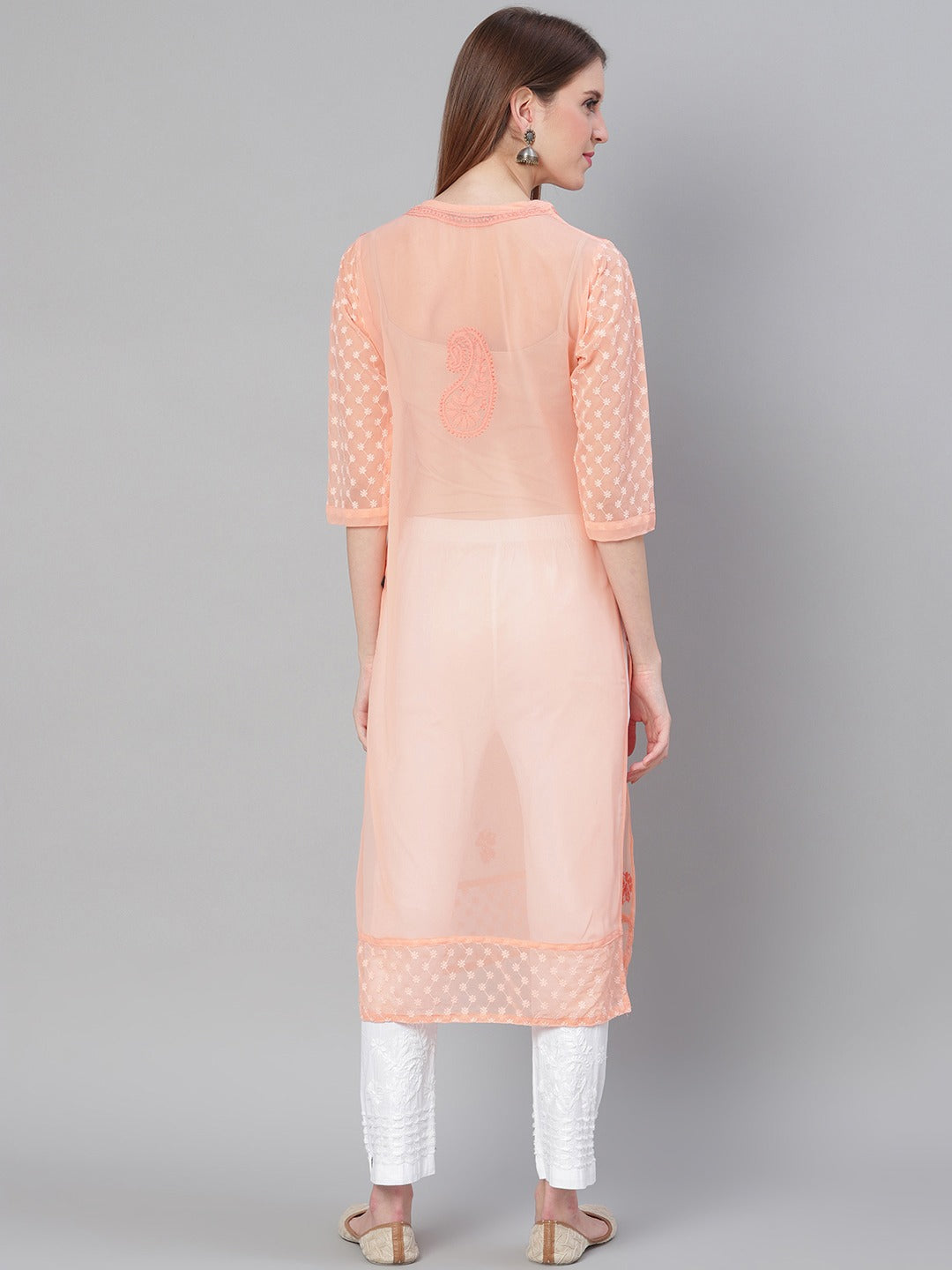 Saadgi Handcrafted Baby Pink Chikankari Kurti embellished with Mirror work -MR005