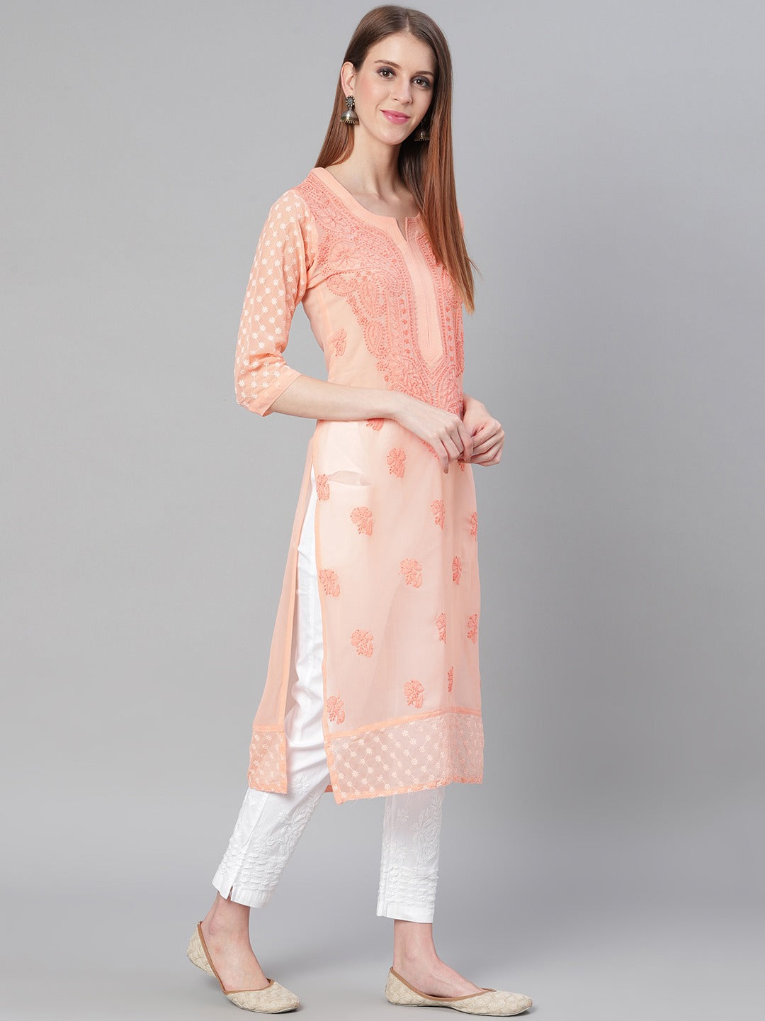 Saadgi Handcrafted Baby Pink Chikankari Kurti embellished with Mirror work -MR005