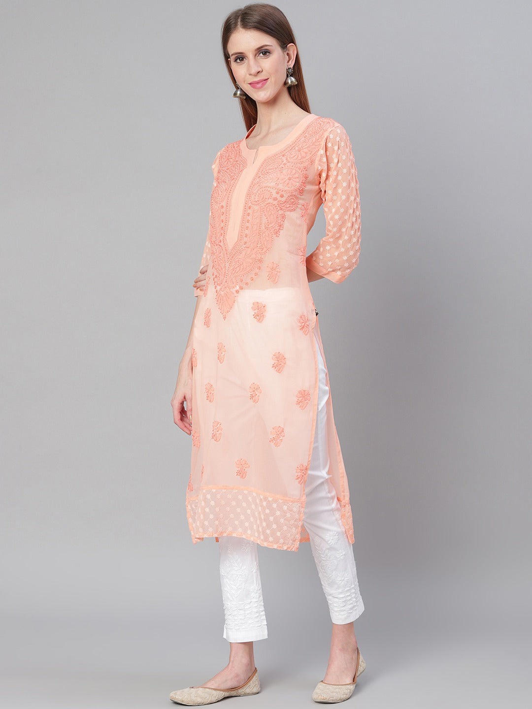 Saadgi Handcrafted Baby Pink Chikankari Kurti embellished with Mirror work -MR005