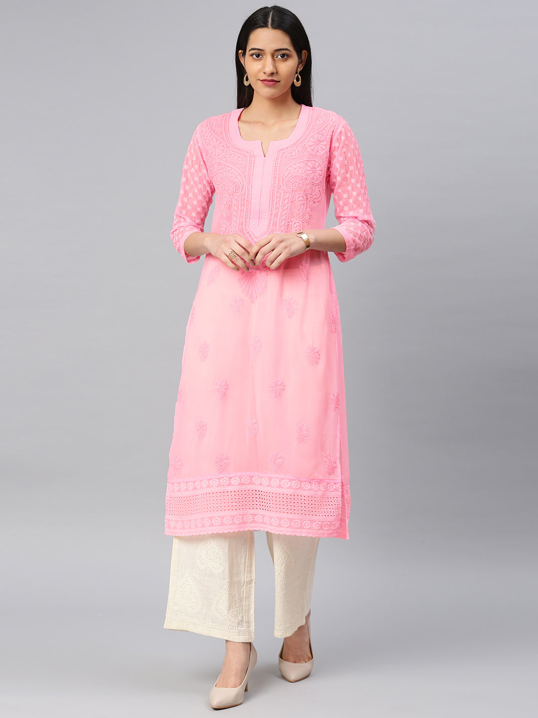 Saadgi Handcrafted Baby Pink Chikankari Kurti embellished with Mirror work -MR005