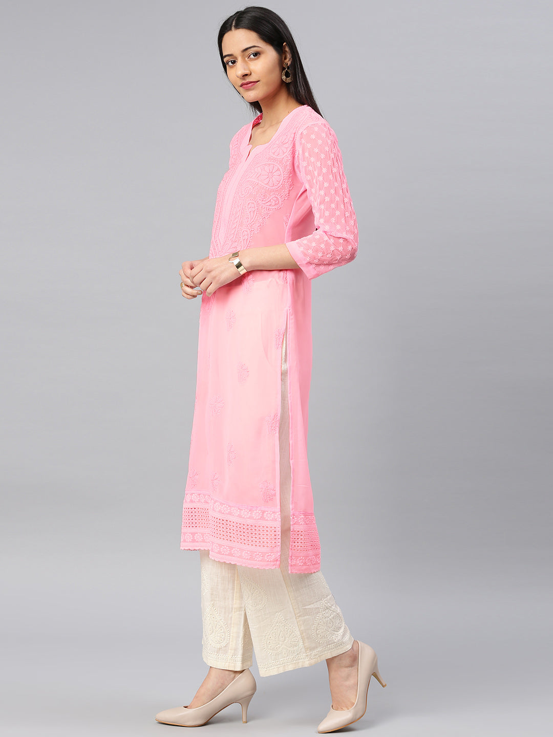 Saadgi Handcrafted Baby Pink Chikankari Kurti embellished with Mirror work -MR005