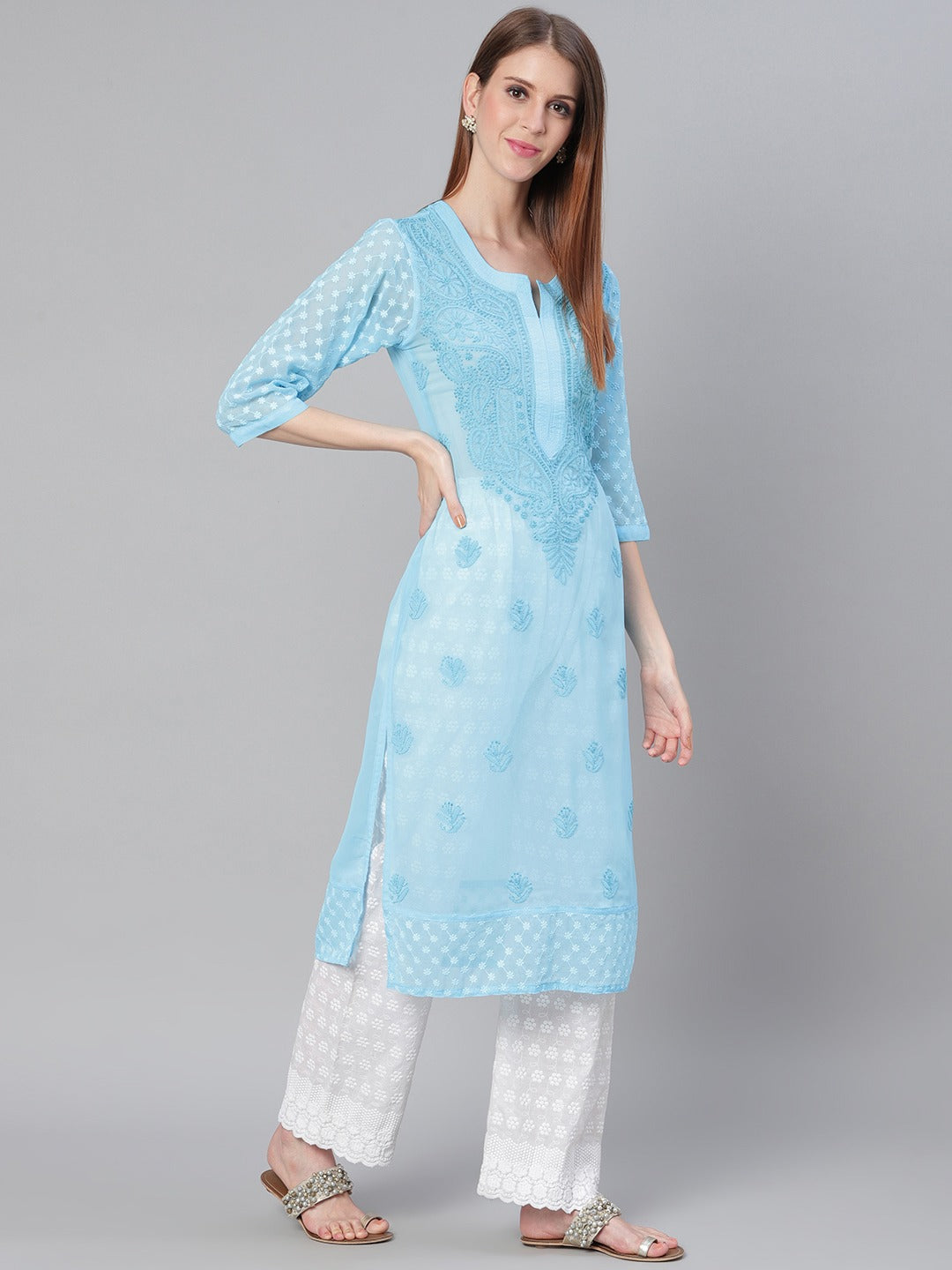 Nikita Dhongdi's Mirror Handcrafted Chikankari Kurta with mirror work -Option available for without mirror