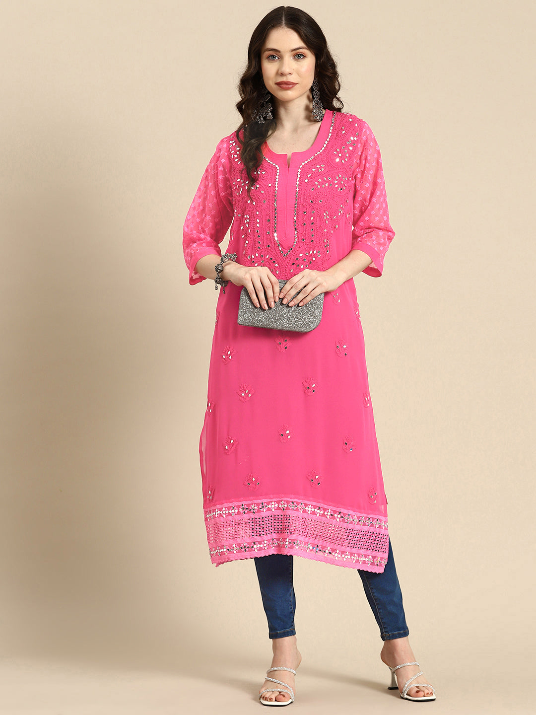 Saadgi Handcrafted Baby Pink Chikankari Kurti embellished with Mirror work -MR005