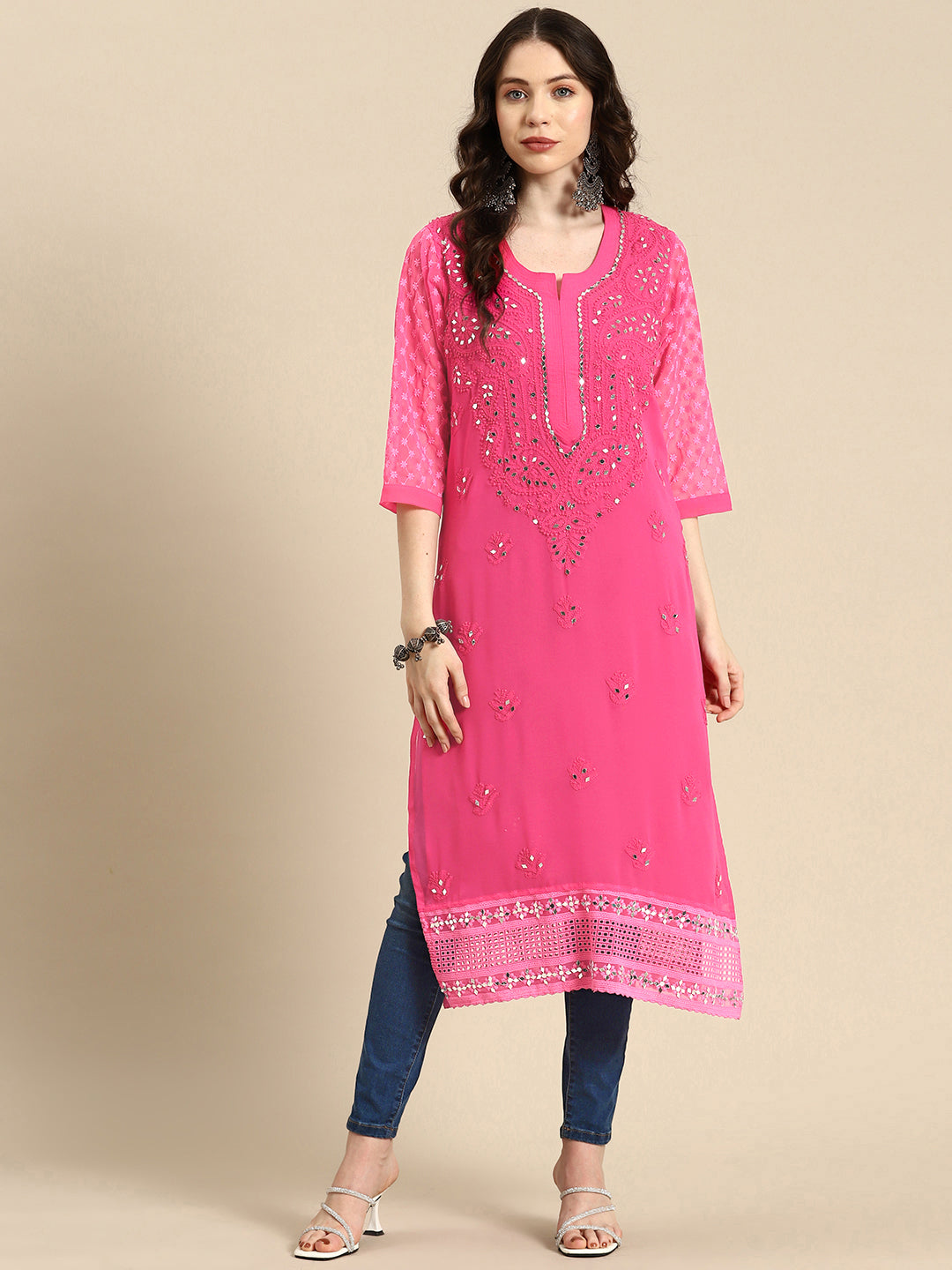 Saadgi Handcrafted Baby Pink Chikankari Kurti embellished with Mirror work -MR005