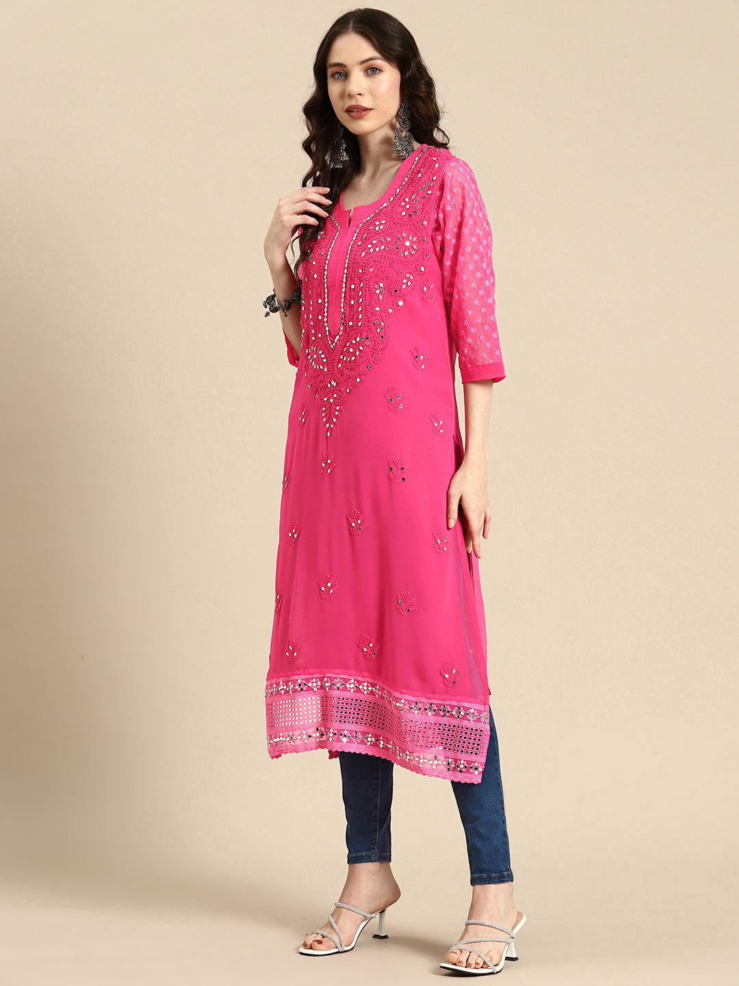 Saadgi Handcrafted Baby Pink Chikankari Kurti embellished with Mirror work -MR005