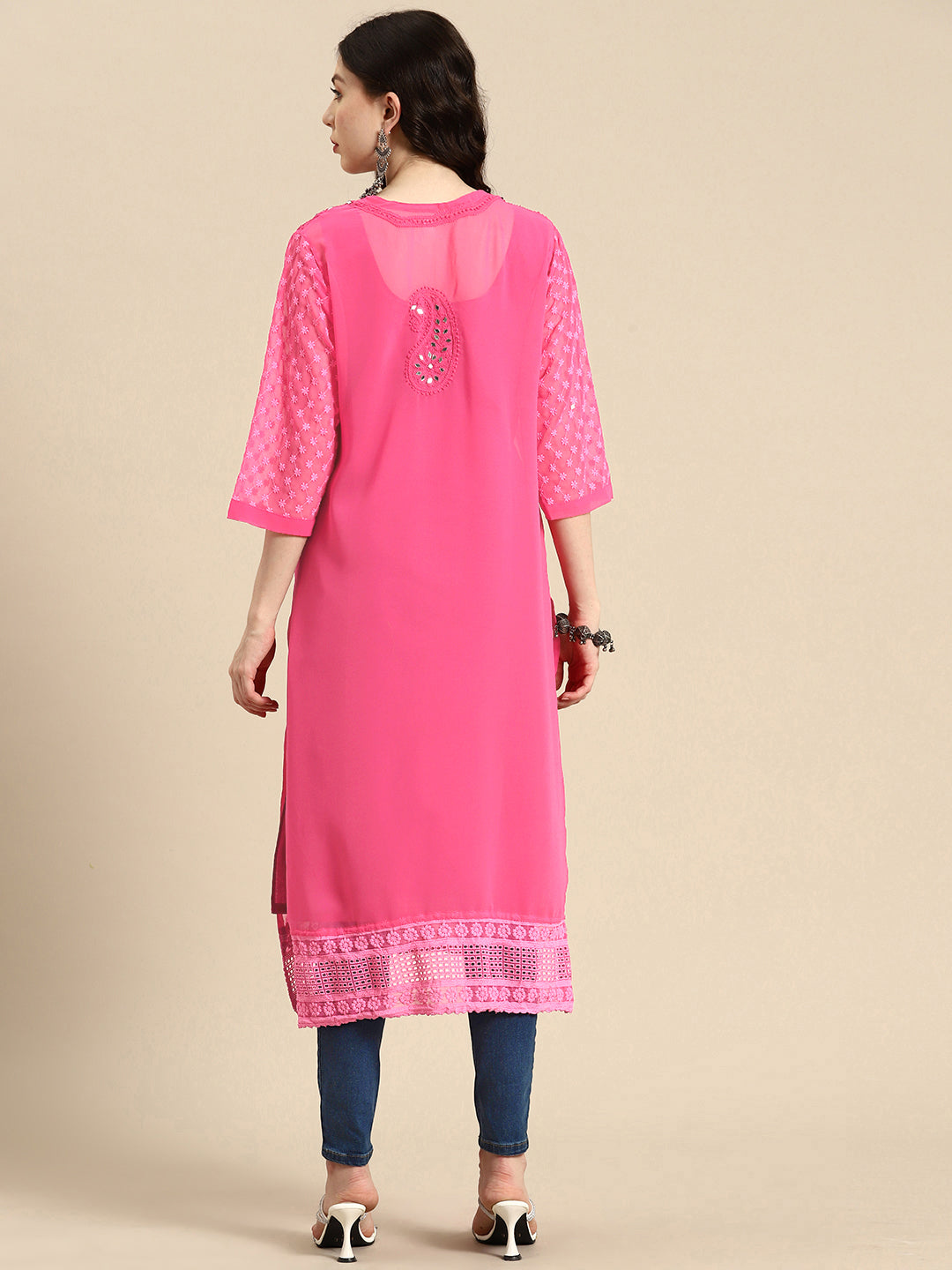 Saadgi Handcrafted Baby Pink Chikankari Kurti embellished with Mirror work -MR005