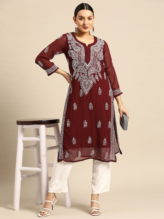 This exquisite features traditional chikankari mirror work and authentic embroidery, making it perfect for festive and party wear. Enjoy the luxurious look of chikankari work with the timeless elegance. The art of embroidery is in new trend of ethnic and Indo Western culture. The very first thing that catches the attraction is the Chikankari with Mirror work and though this outfit works out the best In all the perfect evenings and day family gathering.chikan kurti with laknavi chikan kurta for women