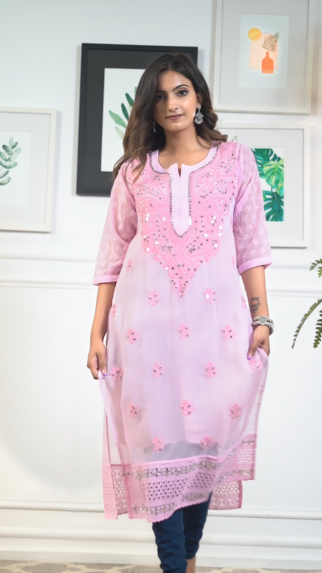 Saadgi Handcrafted Magenta Chikan Kurti embellished with Mirror work (with inner)-MR005