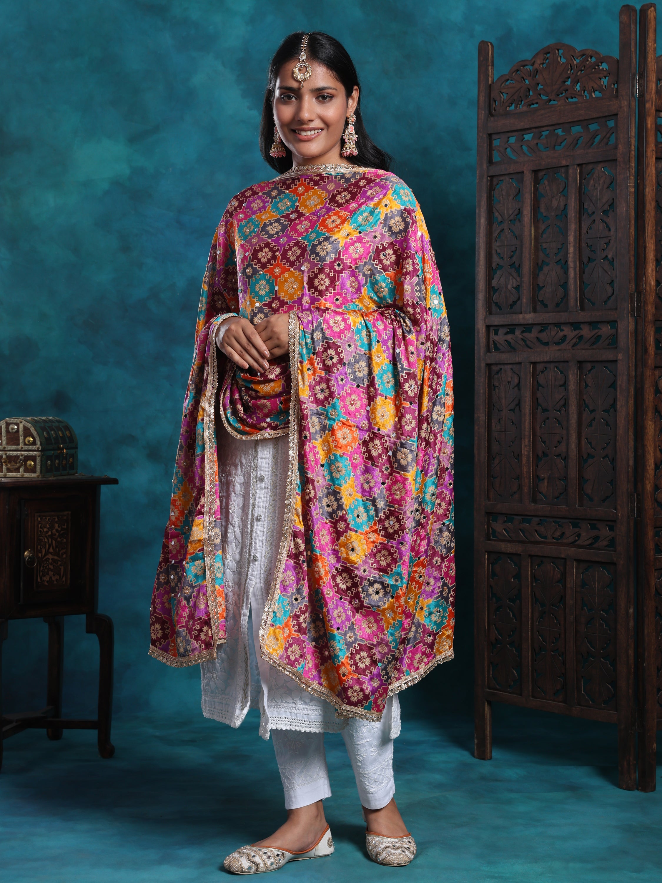 Pakistani handcrafted mukaish multicolor dupatta