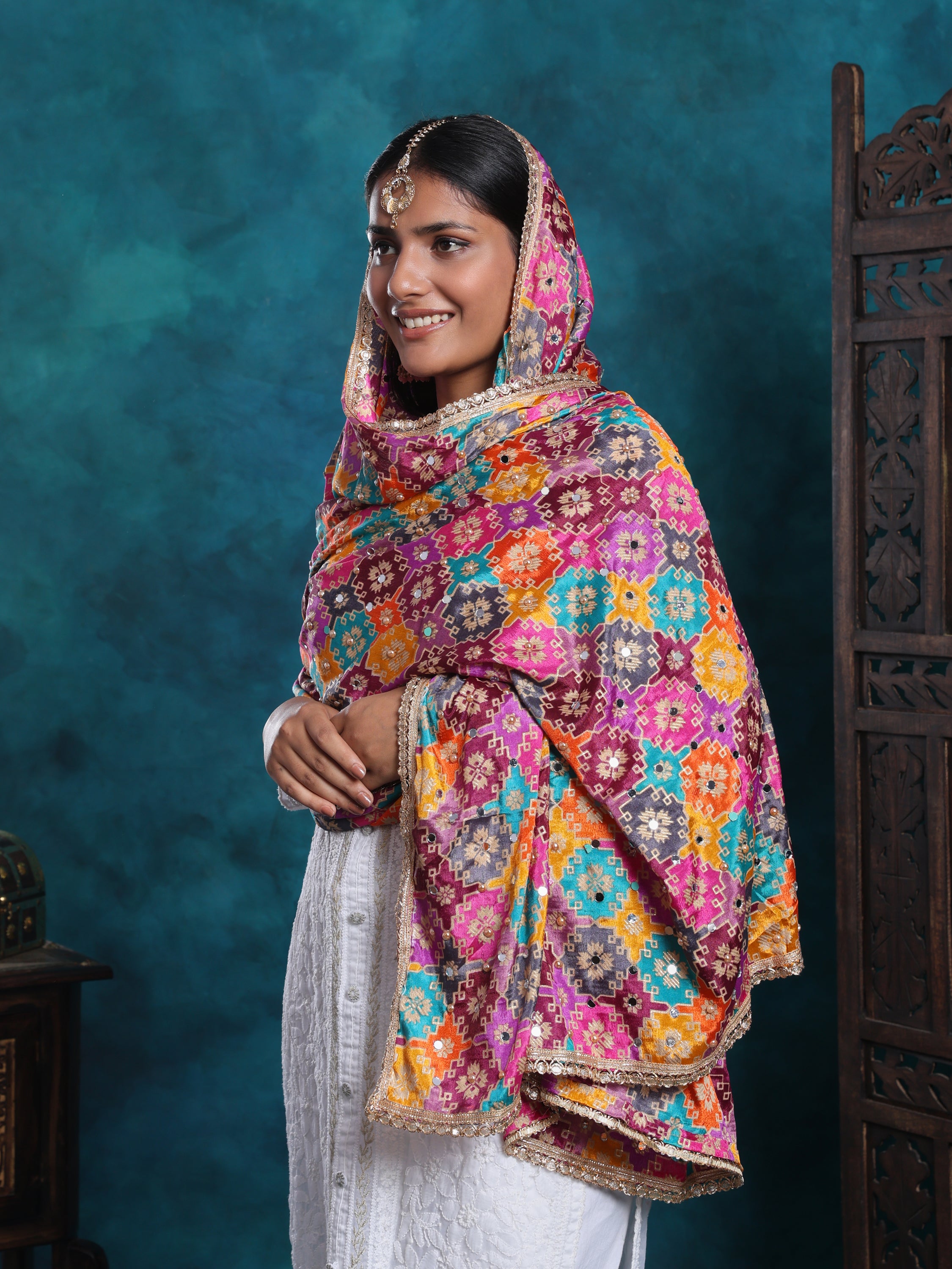 Pakistani handcrafted mukaish multicolor dupatta