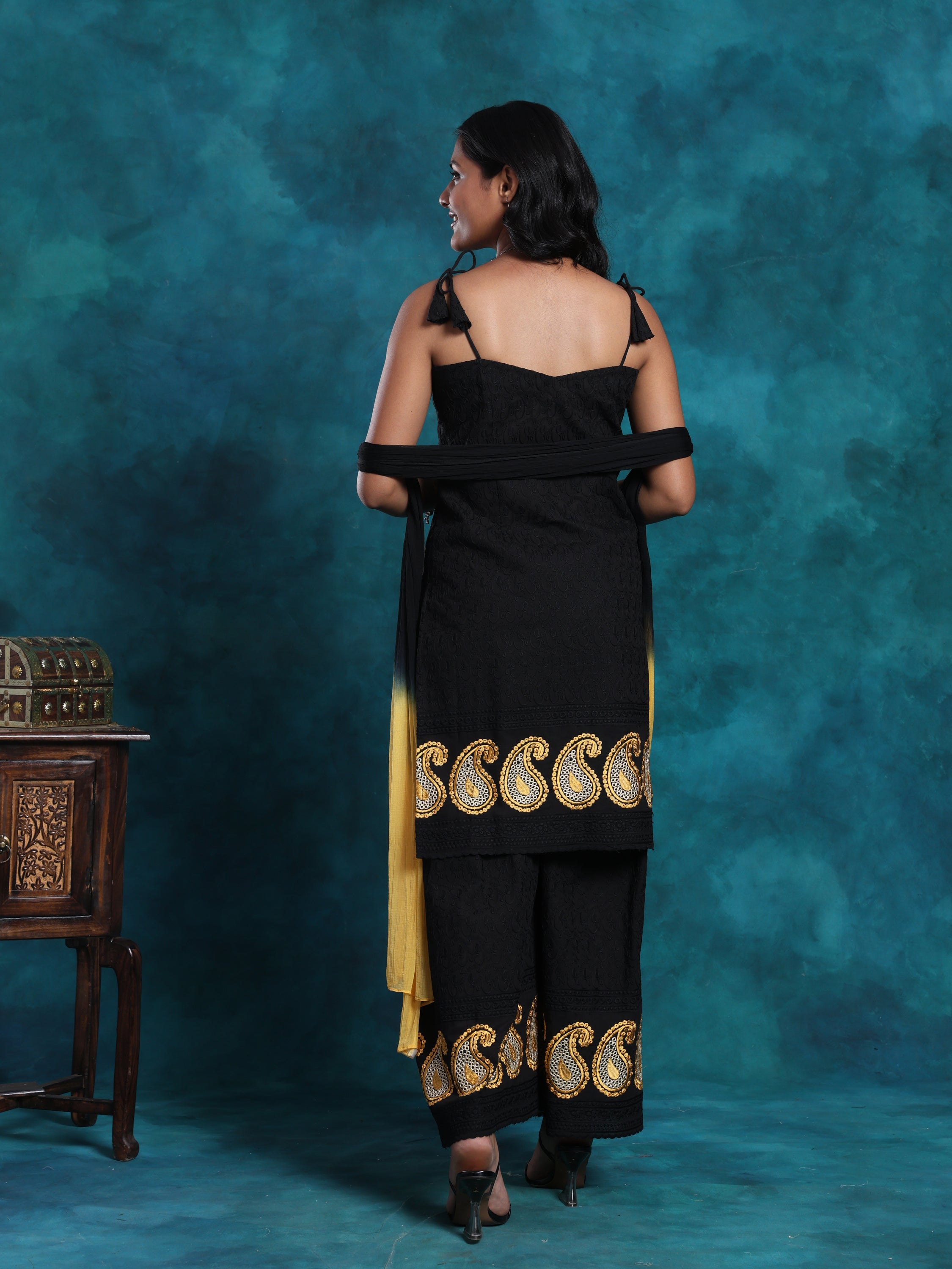 Schiffly Chikankari Black & Yellow Embroidered Gharara Set