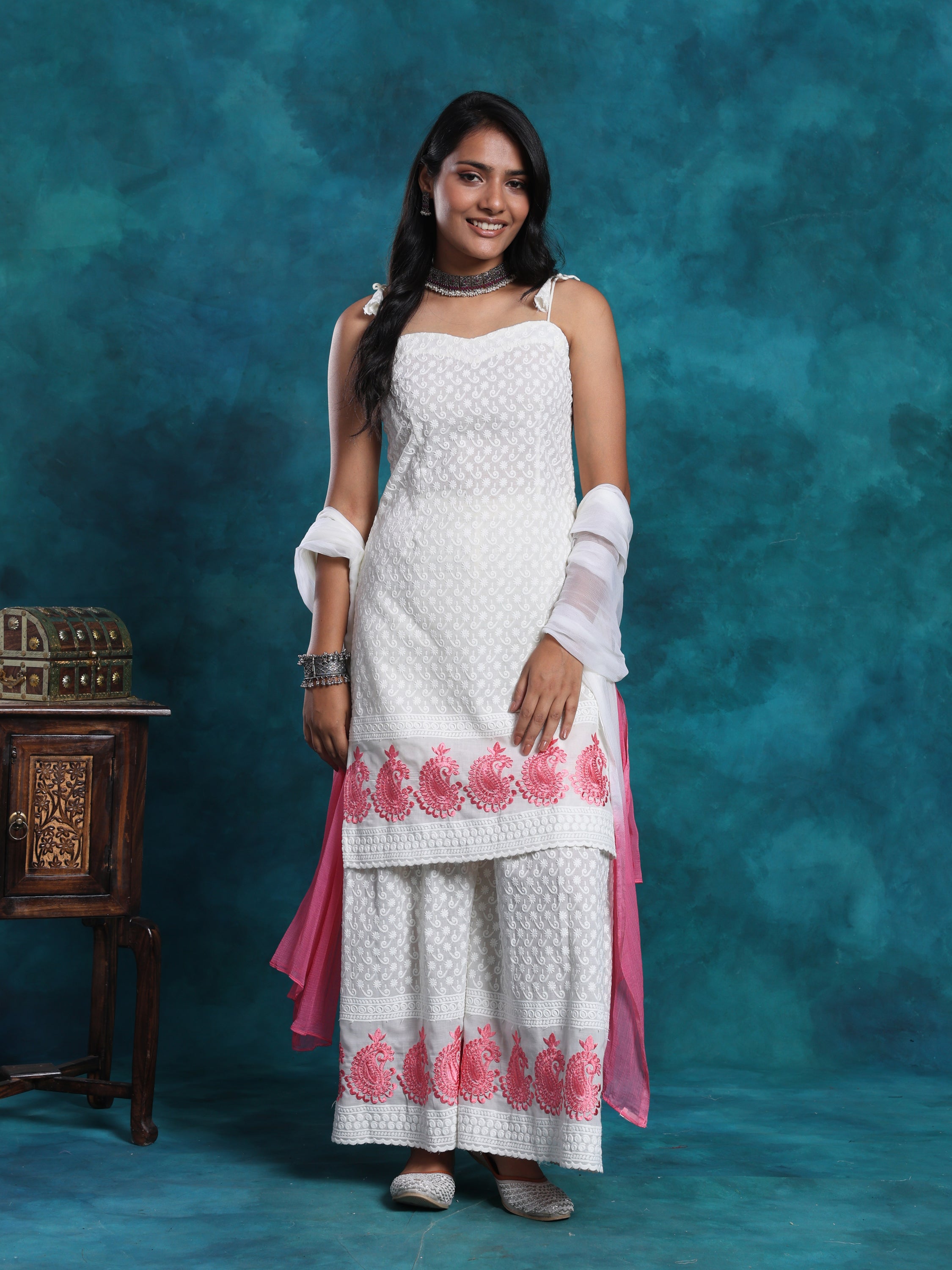 Pink & White Schiffly Chikankari Embroidered Gharara Set